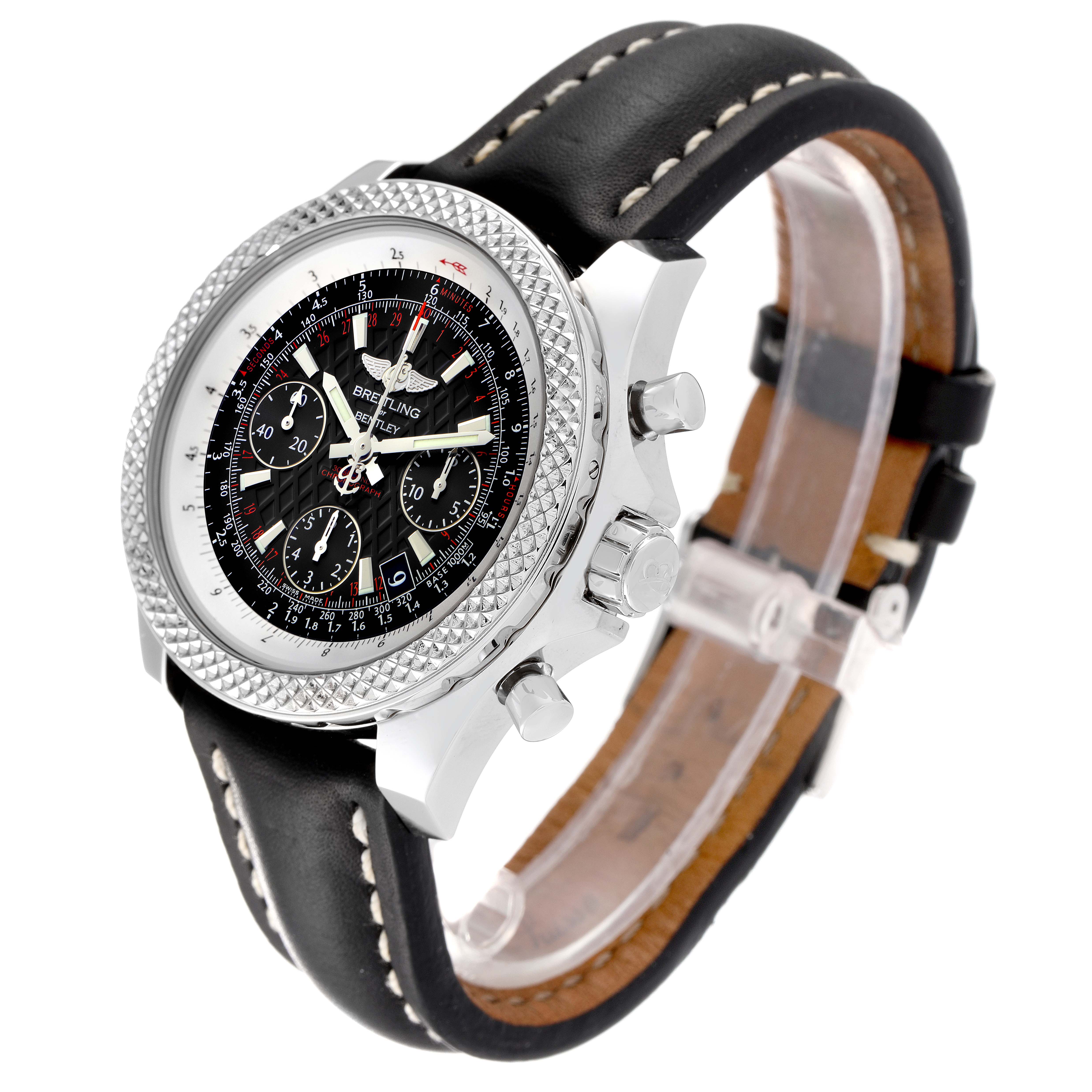 The image shows a Bentley model watch by Breitling at a slight angle, highlighting the face, bezel, and leather strap.