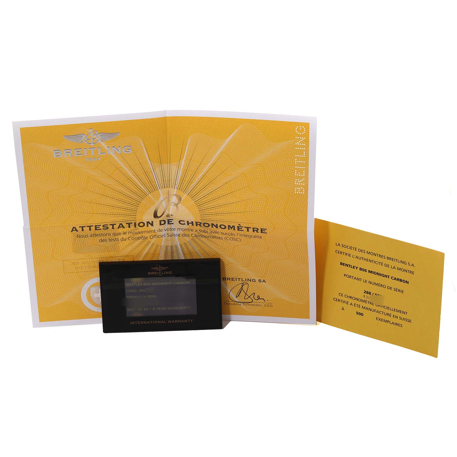 The image shows the certification documents and international warranty for the Breitling Bentley MB061113/BE60 Men's Stainless Steel Mother of Pearl Dial MB061113/BE60 Men's Stainless Steel Mother of Pearl Dial model watch.