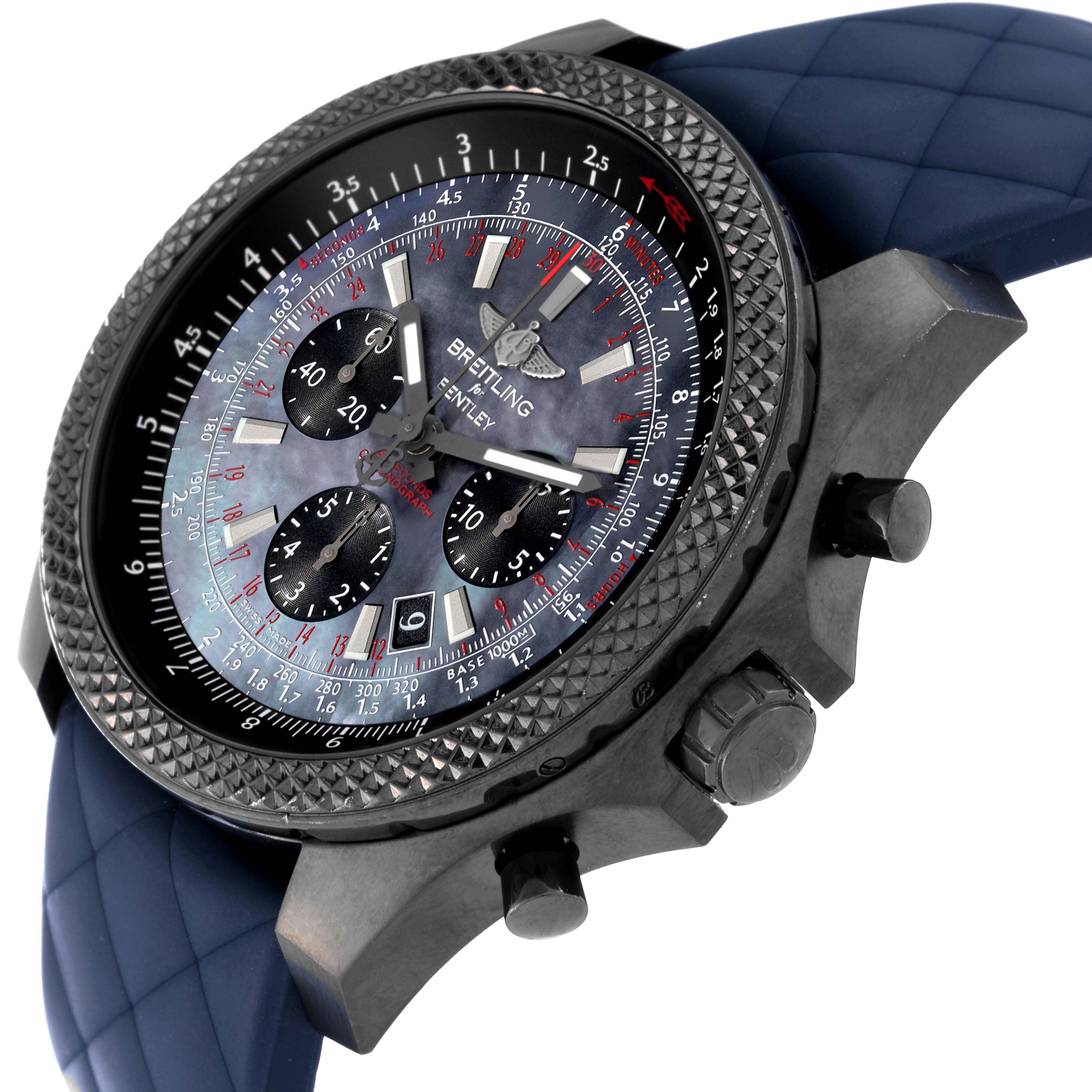 The image shows a tilted side view of a Breitling Bentley MB061113/BE60 Men's Stainless Steel Mother of Pearl Dial MB061113/BE60 Men's Stainless Steel Mother of Pearl Dial watch, highlighting its chronograph dial and textured bezel.