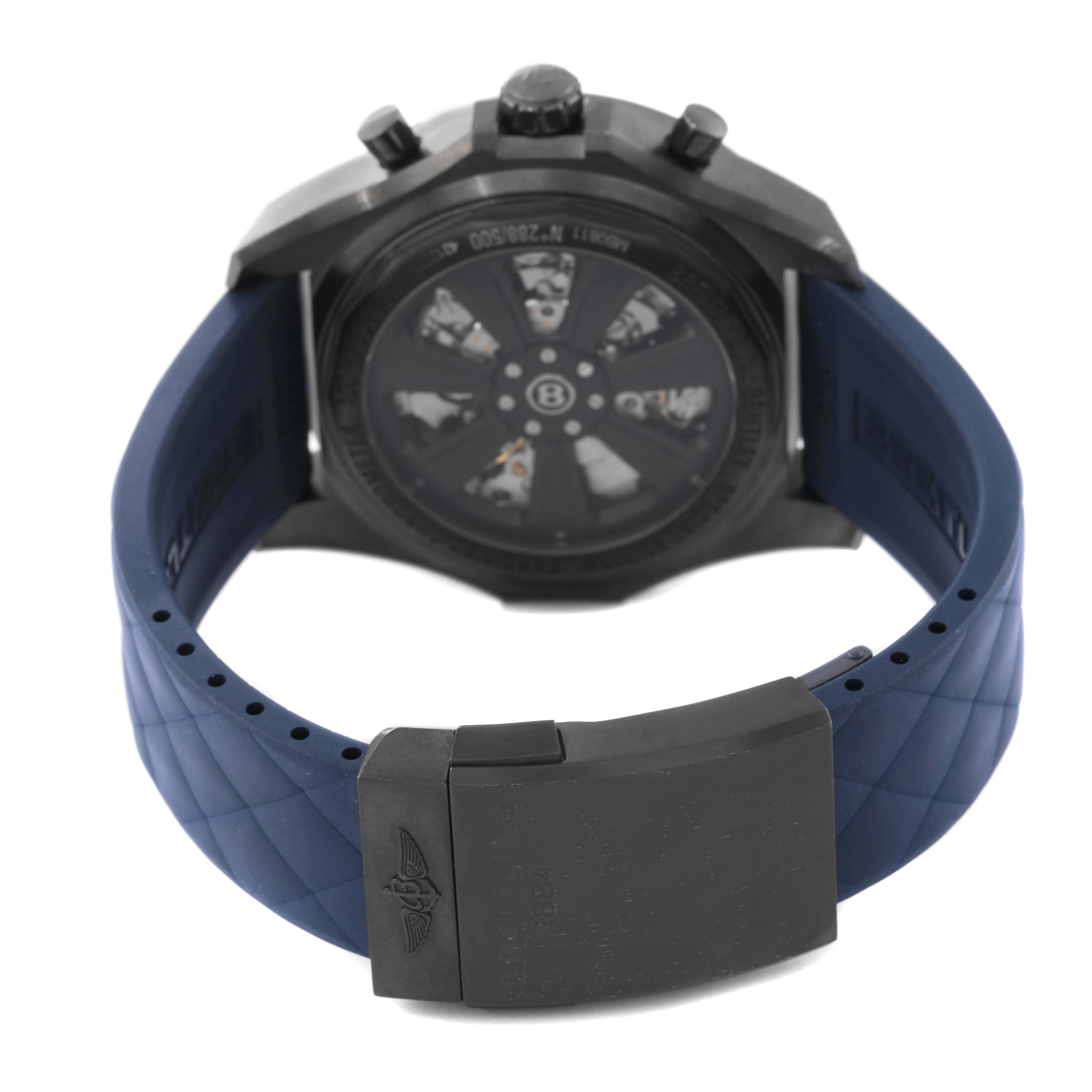 The image shows the back and blue strap with clasp of the Bentley model watch by Breitling.