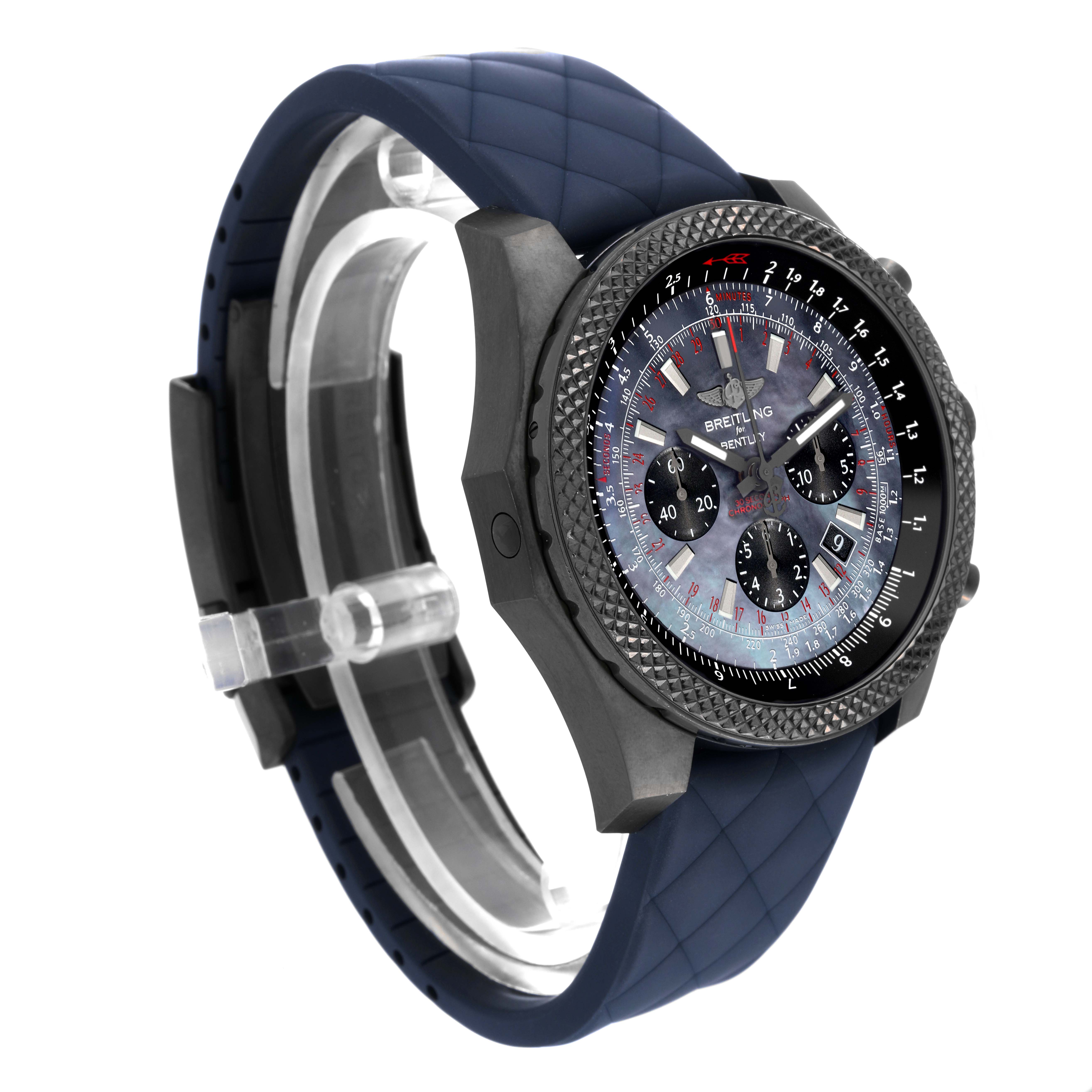 The image shows a side angle of a Breitling Bentley MB061113/BE60 Men's Stainless Steel Mother of Pearl Dial MB061113/BE60 Men's Stainless Steel Mother of Pearl Dial model watch, highlighting its face, bezel, and band.