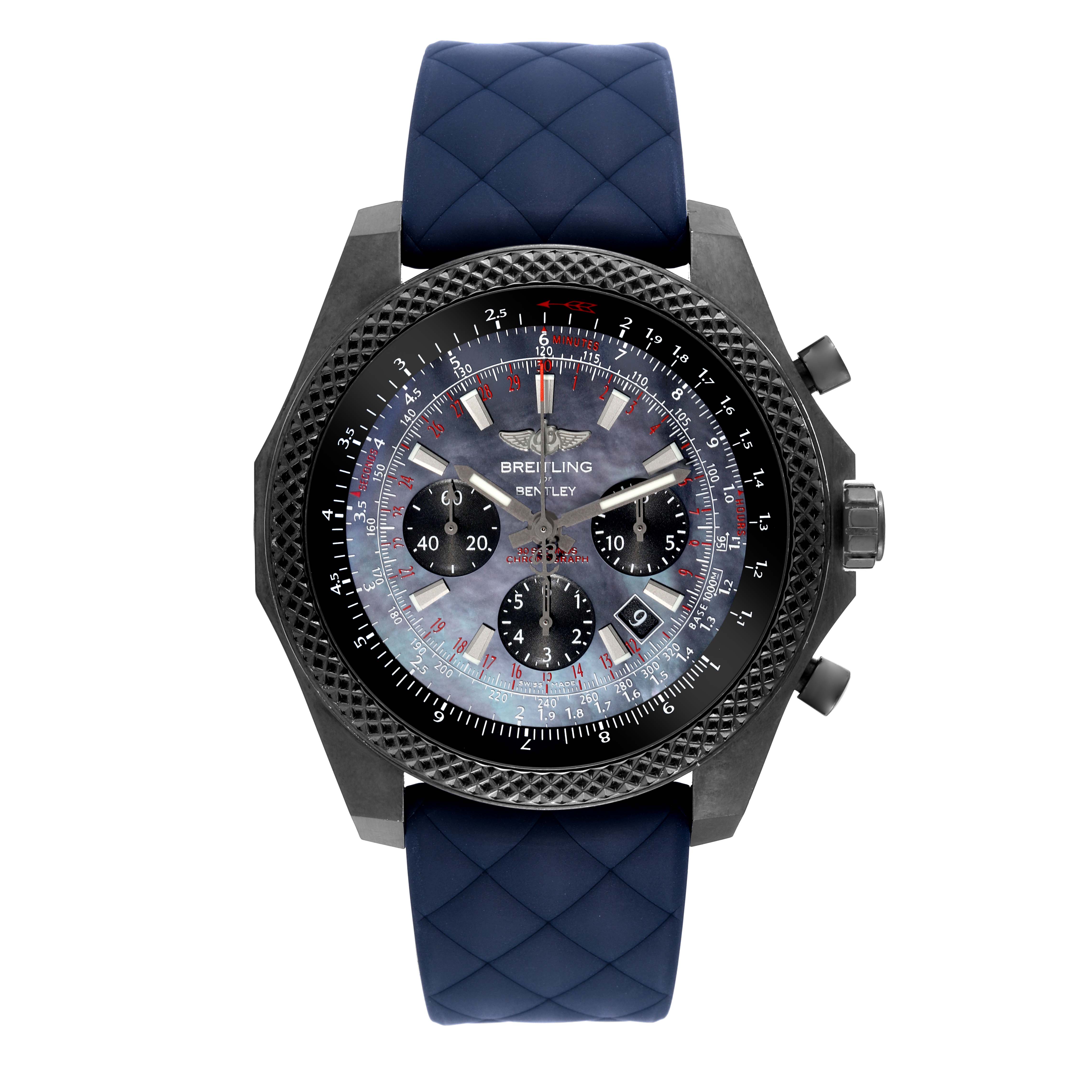 This Breitling Bentley MB061113/BE60 Men's Stainless Steel Mother of Pearl Dial MB061113/BE60 Men's Stainless Steel Mother of Pearl Dial watch is shown from a front angle, displaying the dial, case, bezel, and blue strap.