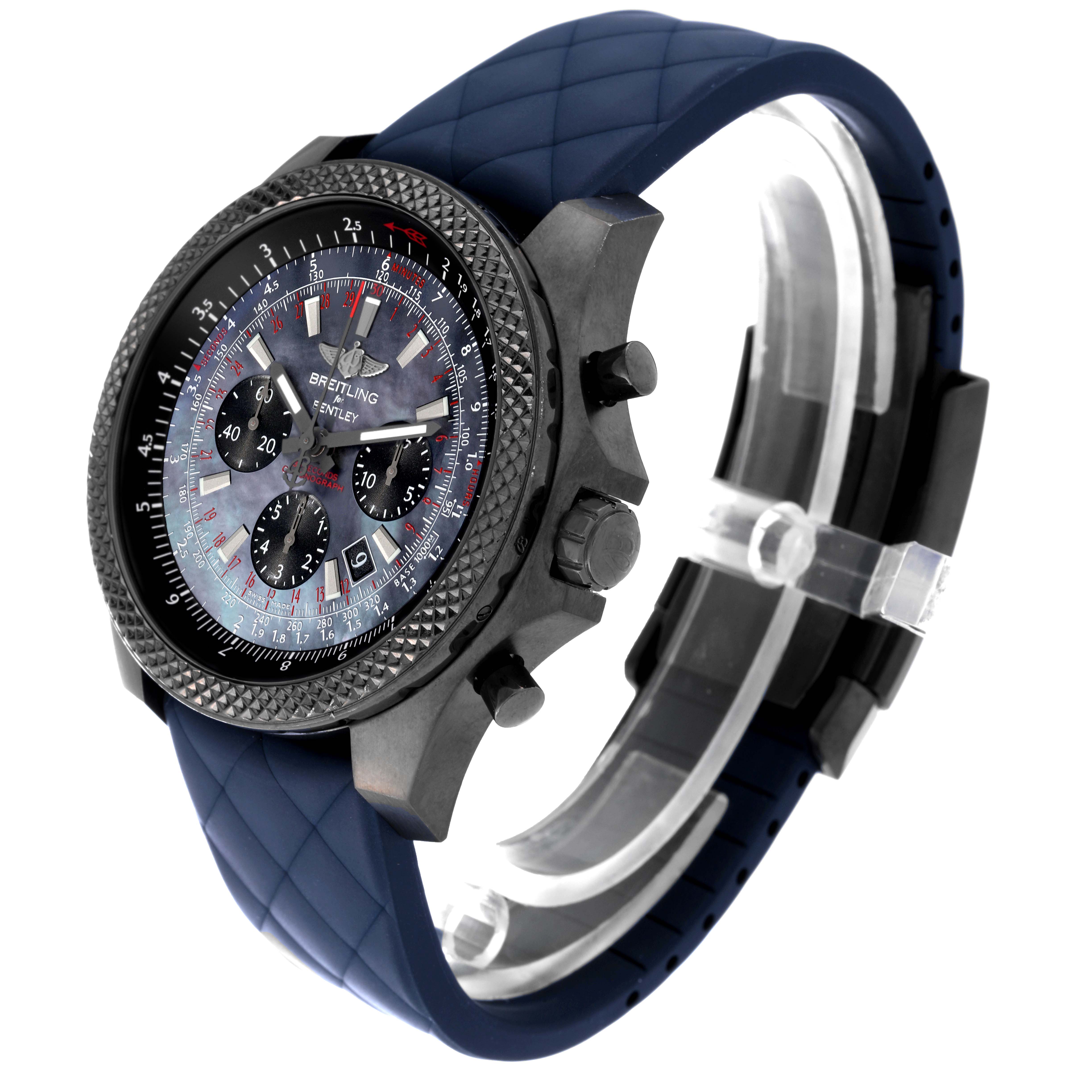 The image shows a side angle of the Breitling Bentley MB061113/BE60 Men's Stainless Steel Mother of Pearl Dial MB061113/BE60 Men's Stainless Steel Mother of Pearl Dial watch, displaying its face, bezel, buttons, and blue strap.