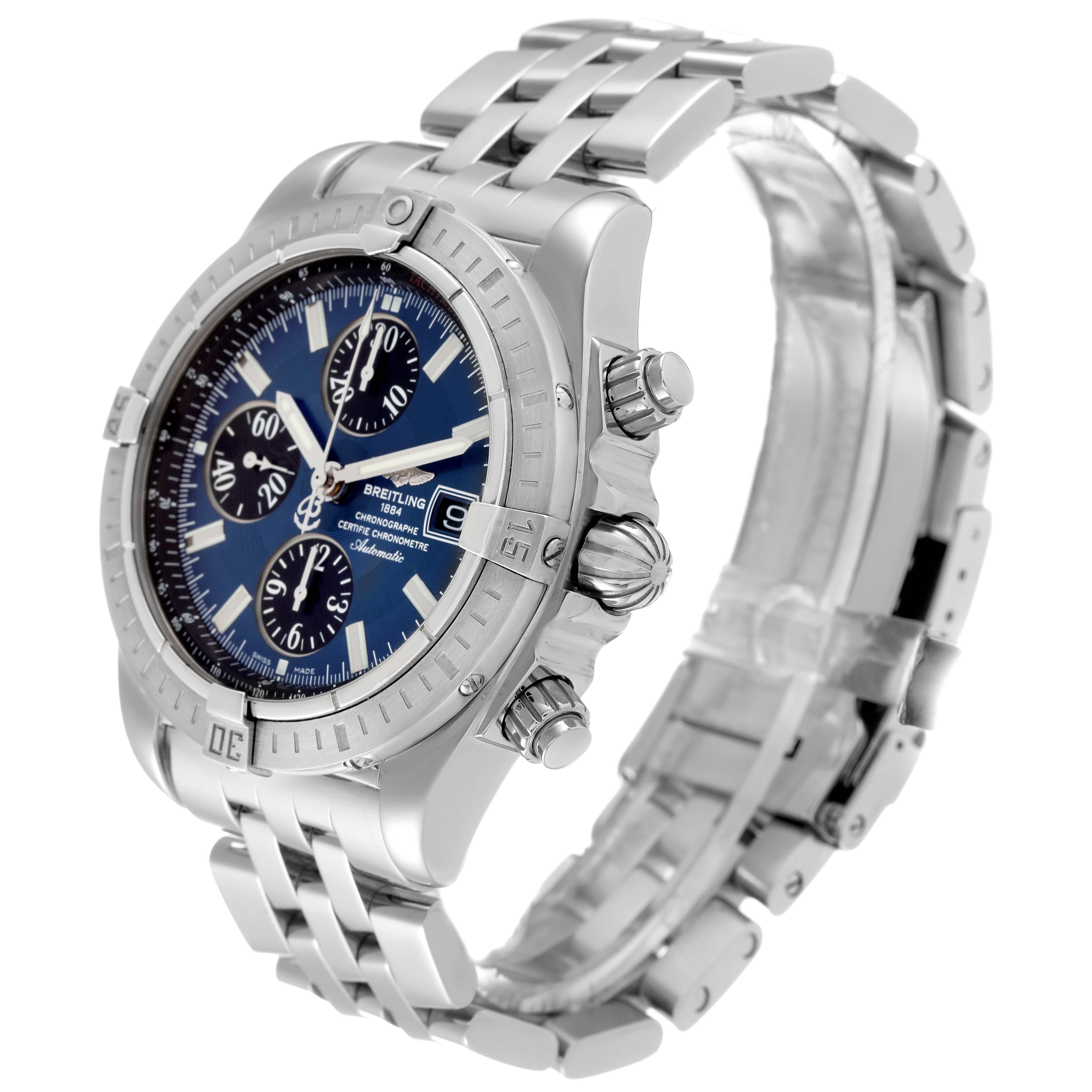 The image shows a Breitling Chronomat A13356 Men
s Stainless Steel Blue Dial A13356 Men
s Stainless Steel Blue Dial watch at a slight side angle, highlighting its stainless steel case, bezel, and bracelet.