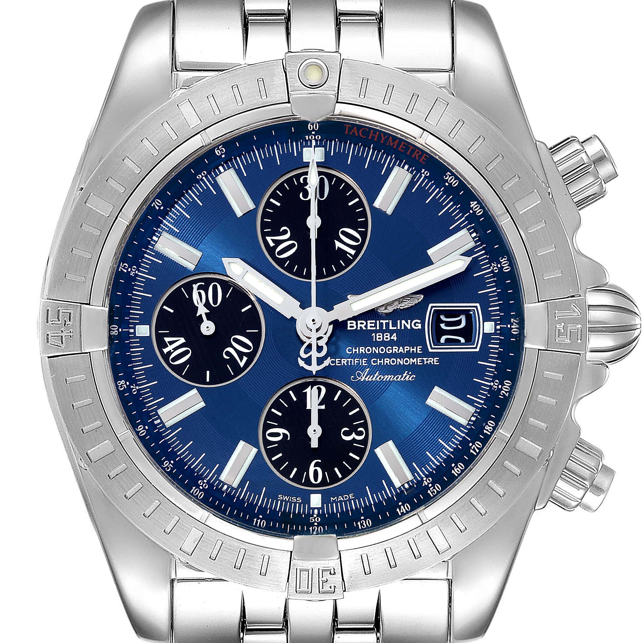 The image shows a straight-on view of the Breitling Chronomat A13356 Men
s Stainless Steel Blue Dial A13356 Men
s Stainless Steel Blue Dial watch, highlighting its blue dial, chronograph sub-dials, and stainless steel bracelet.