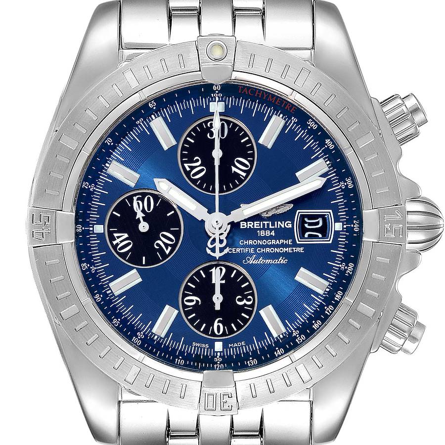 Breitling Chronomat Evolution Steel Blue Dial Steel Mens Watch A13356 Box Papers SwissWatchExpo
