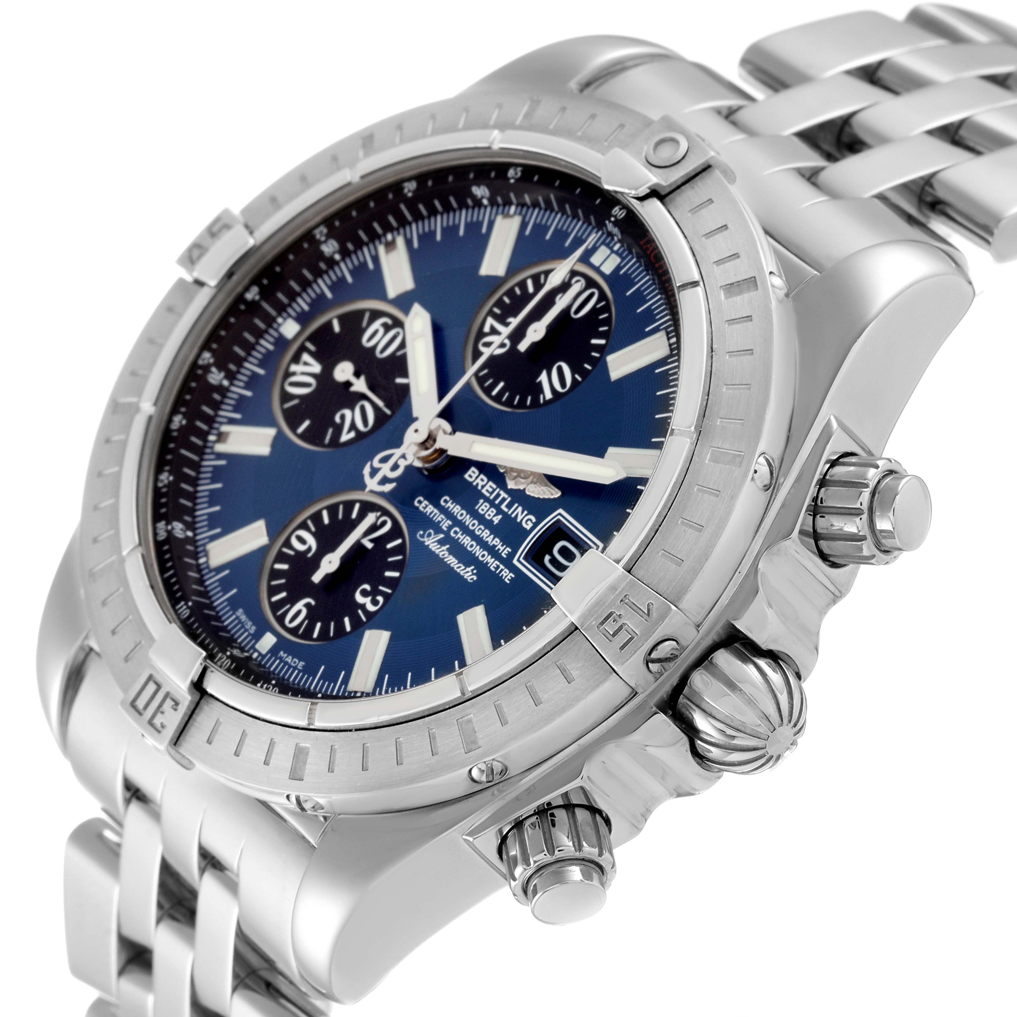 The image shows a close-up angle of the Breitling Chronomat A13356 Men
s Stainless Steel Blue Dial A13356 Men
s Stainless Steel Blue Dial watch, highlighting the dial, bezel, crown, and pushers.