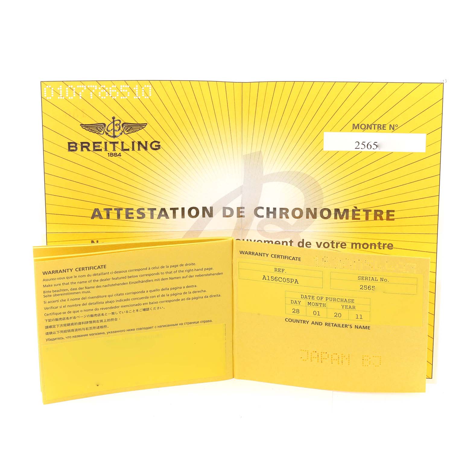 This image shows a warranty booklet for the Breitling Chronomat A13356 Men
s Stainless Steel Blue Dial A13356 Men
s Stainless Steel Blue Dial model, displayed open to reveal the certification and purchase details.