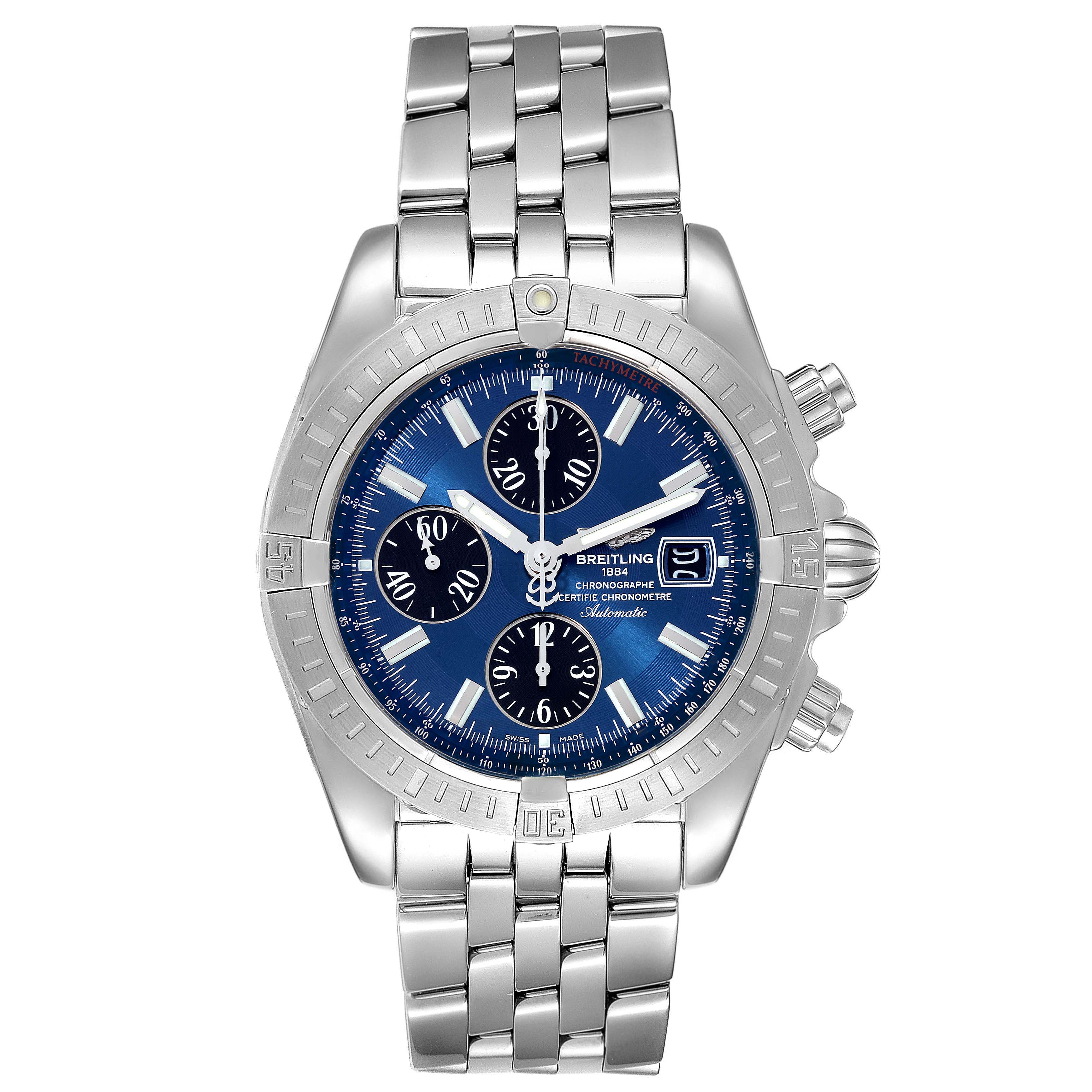 The image shows a front view of a Breitling Chronomat A13356 Men
s Stainless Steel Blue Dial A13356 Men
s Stainless Steel Blue Dial watch featuring a blue dial, three sub-dials, and a metal bracelet.