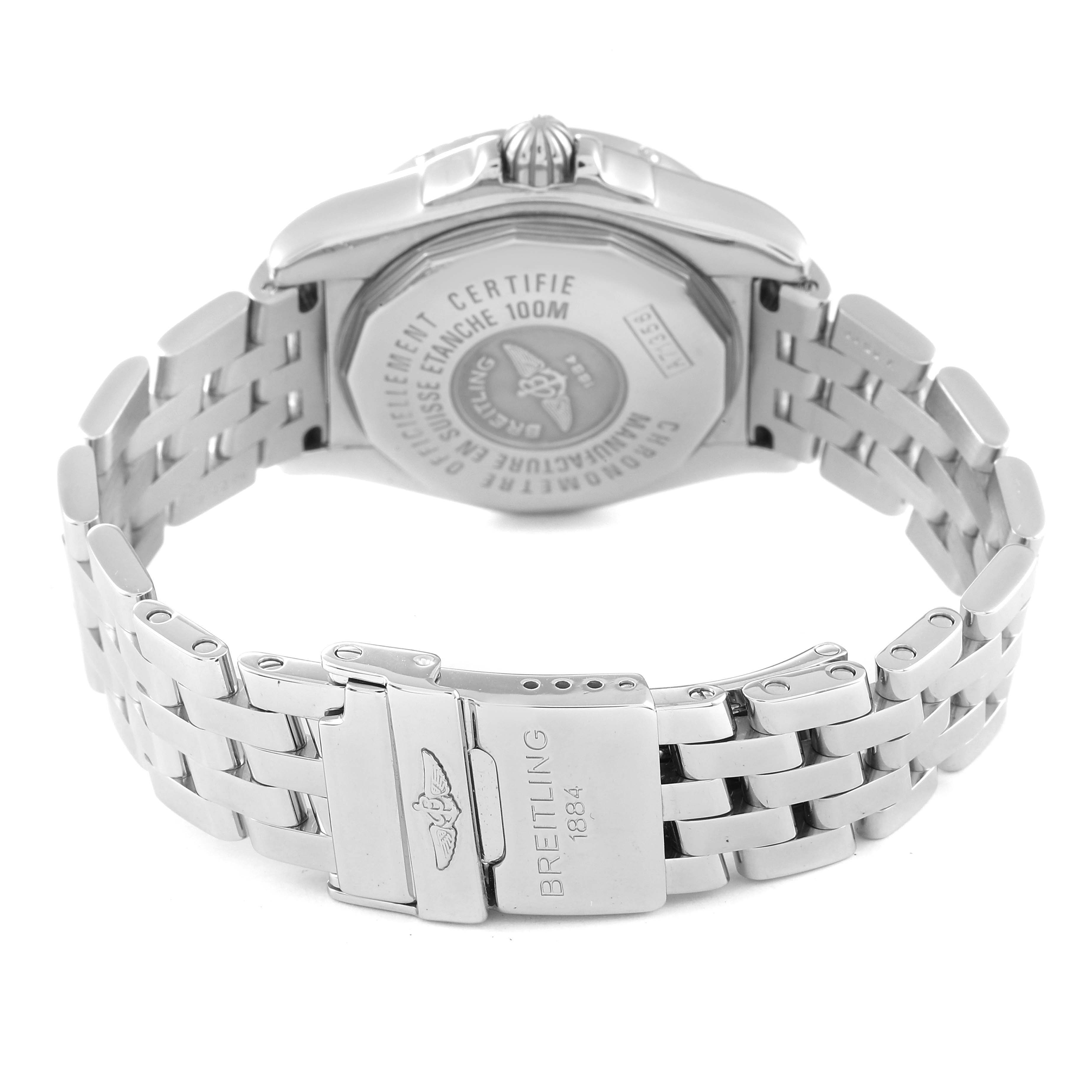 This image shows the back and bracelet of the Breitling A71356 Women's Stainless Steel Mother of Pearl Dial A71356 Women's Stainless Steel Mother of Pearl Dial Cockpit Mother of Pearl Diamond Steel Ladies Watch A71356.