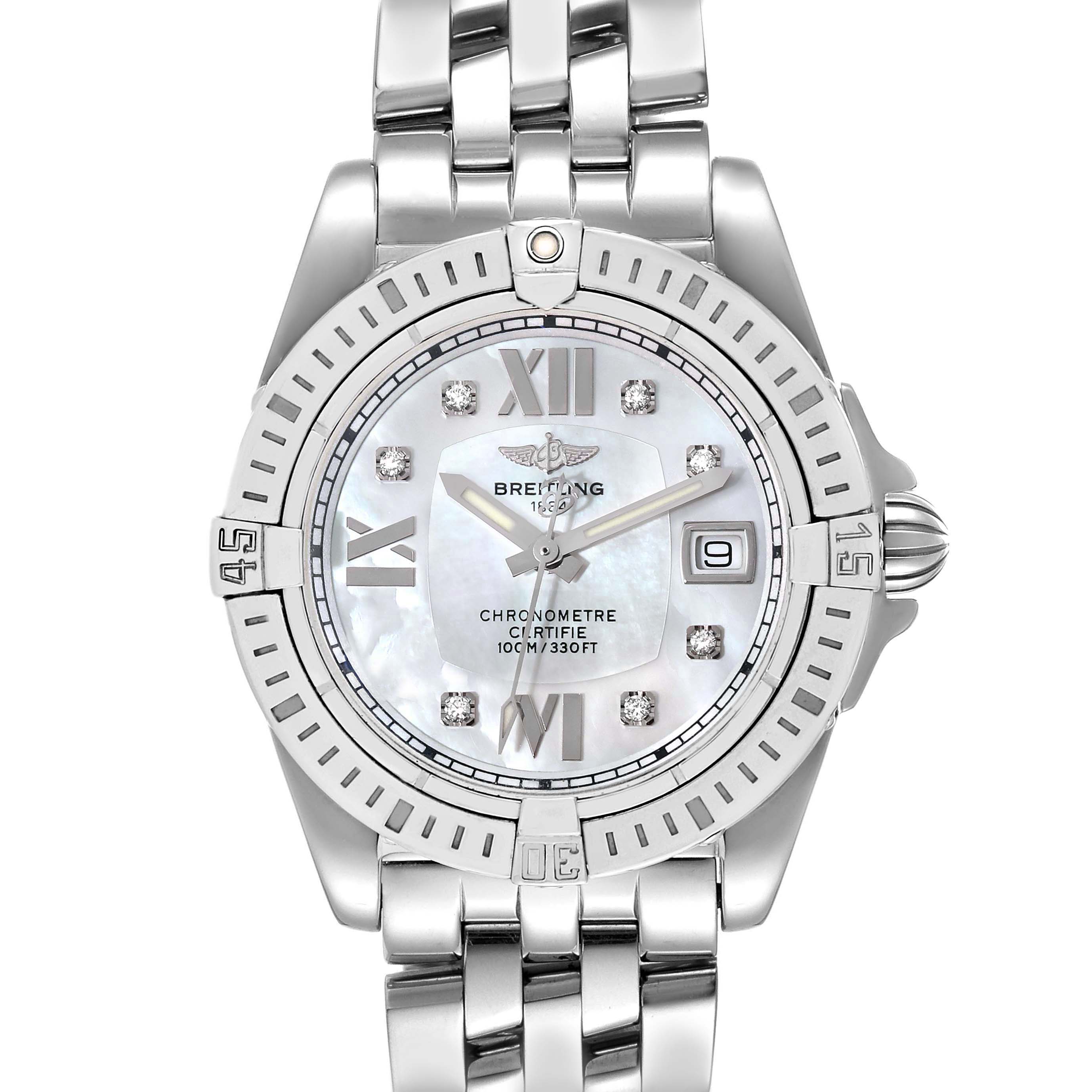 The watch shows a frontal view of the Breitling A71356 Women's Stainless Steel Mother of Pearl Dial A71356 Women's Stainless Steel Mother of Pearl Dial Cockpit Mother of Pearl Diamond Steel Ladies Watch A71356, featuring its dial, bezel, and bracelet.