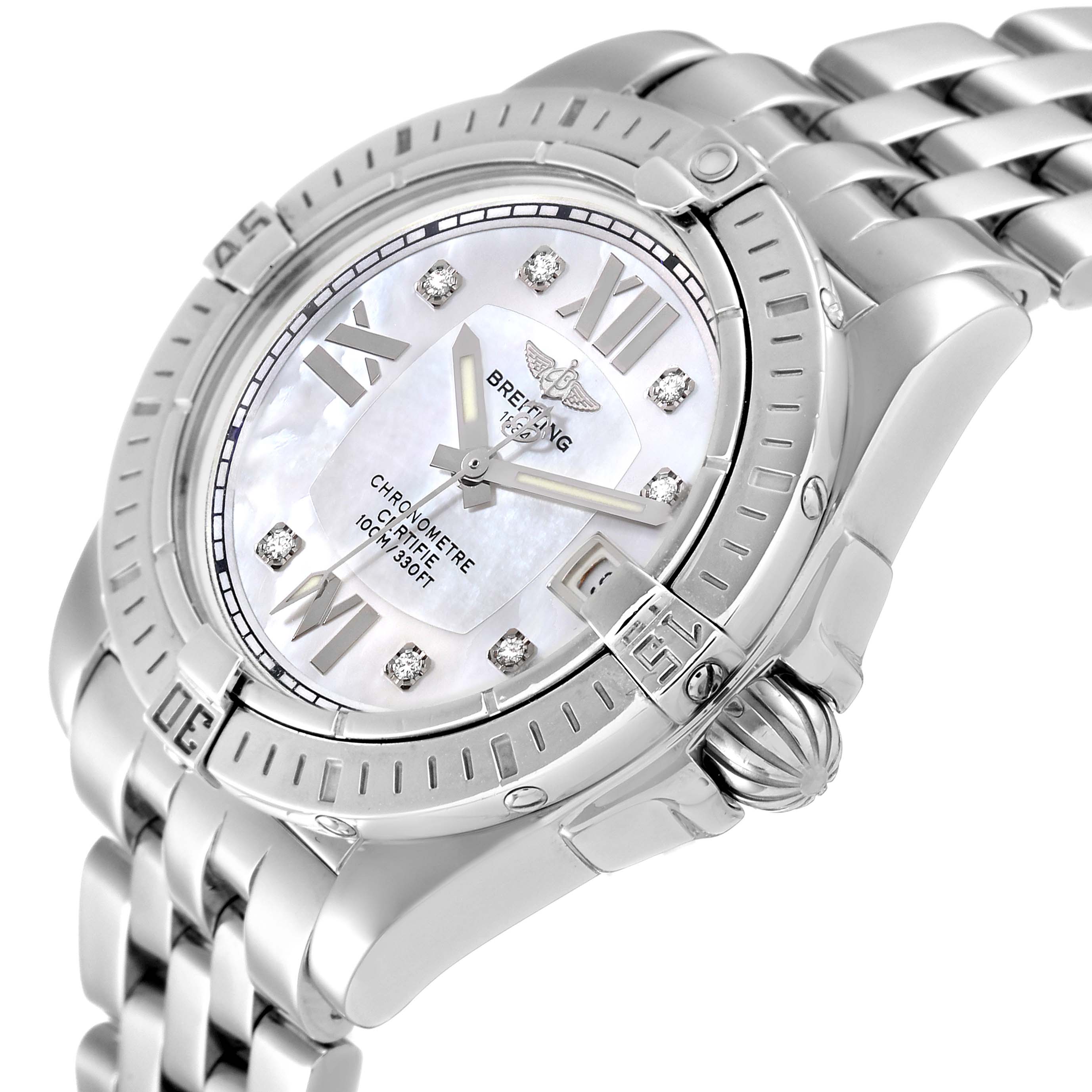 The image shows a close-up, angled view of the Breitling A71356 Women's Stainless Steel Mother of Pearl Dial A71356 Women's Stainless Steel Mother of Pearl Dial Cockpit Mother of Pearl Diamond Steel Ladies Watch A71356, featuring its dial and bracelet.
