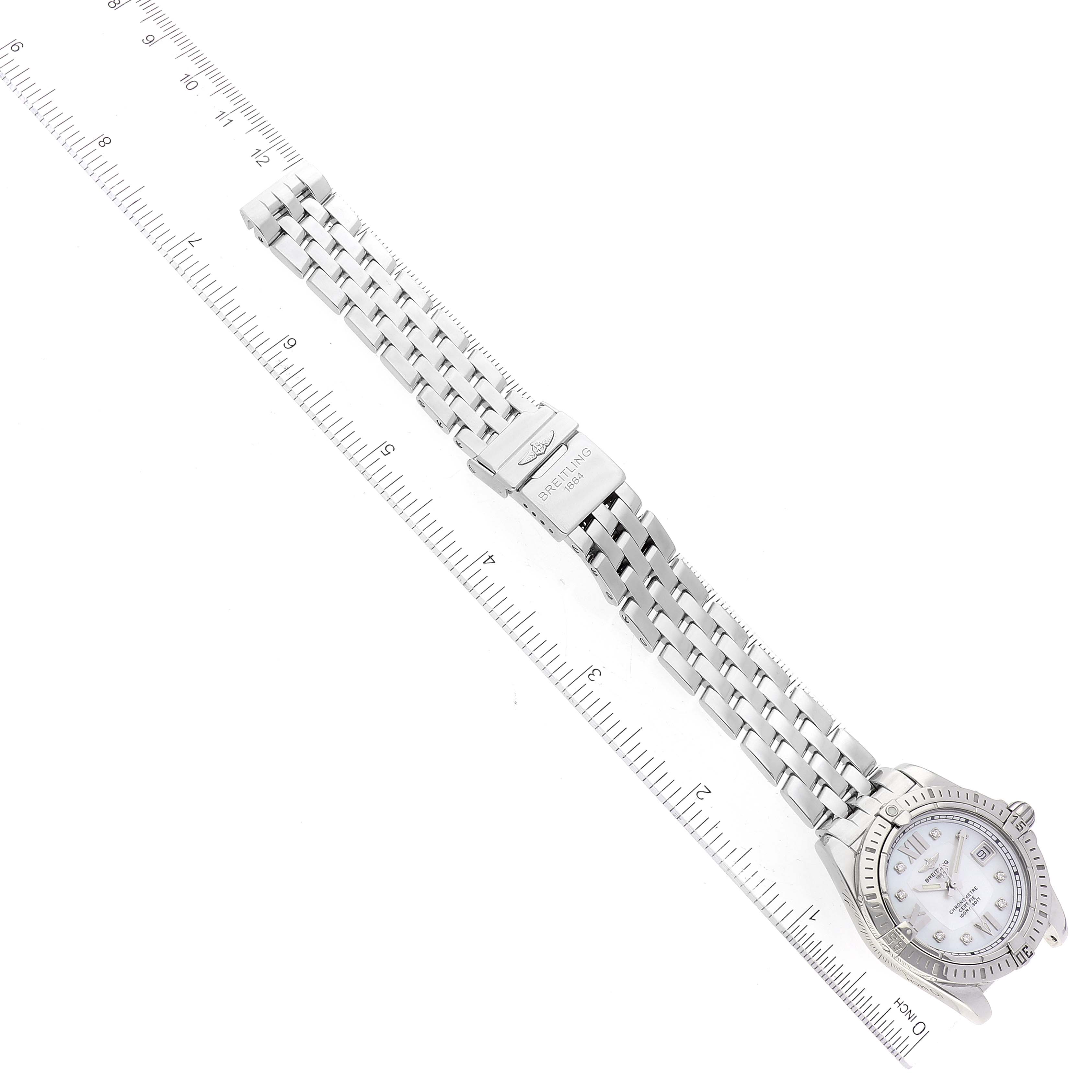 The image shows a top-down view of the Breitling A71356 Women's Stainless Steel Mother of Pearl Dial A71356 Women's Stainless Steel Mother of Pearl Dial Cockpit Mother of Pearl Diamond Steel Ladies Watch A71356, including the bracelet and clasp.