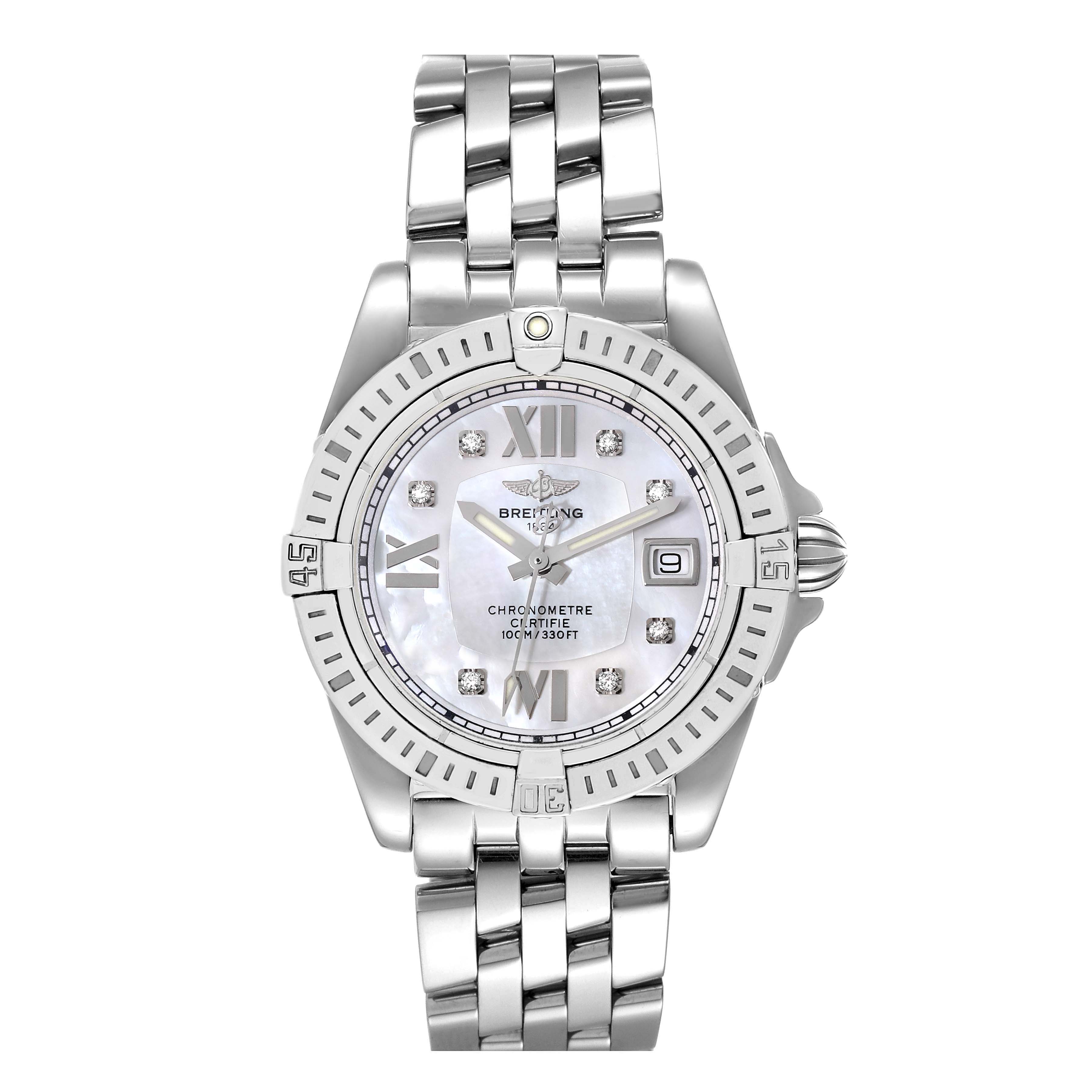 The Breitling A71356 Women's Stainless Steel Mother of Pearl Dial A71356 Women's Stainless Steel Mother of Pearl Dial Cockpit Mother of Pearl Diamond Steel Ladies Watch A71356 is shown from a front angle, highlighting its face and bracelet.