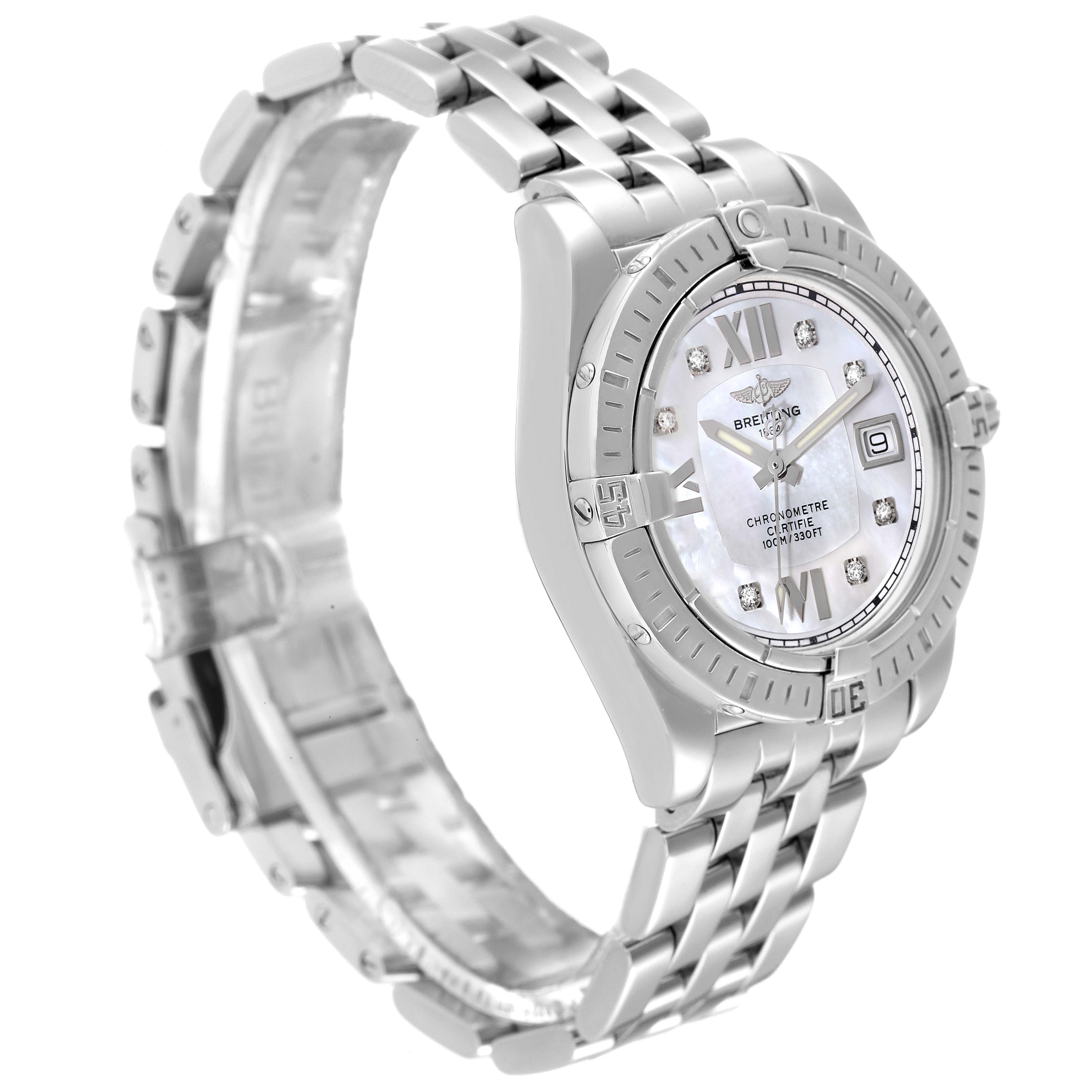 The image shows a Breitling A71356 Women's Stainless Steel Mother of Pearl Dial A71356 Women's Stainless Steel Mother of Pearl Dial Cockpit Mother of Pearl Diamond Steel Ladies Watch A71356 at a three-quarter angle with an open bracelet.