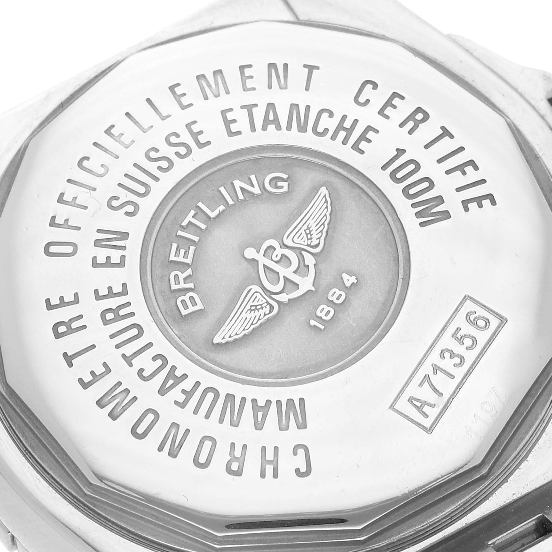 The image shows the back case of a Breitling A71356 Women's Stainless Steel Mother of Pearl Dial A71356 Women's Stainless Steel Mother of Pearl Dial Cockpit Mother of Pearl Diamond Steel Ladies Watch A71356, highlighting the engravings.