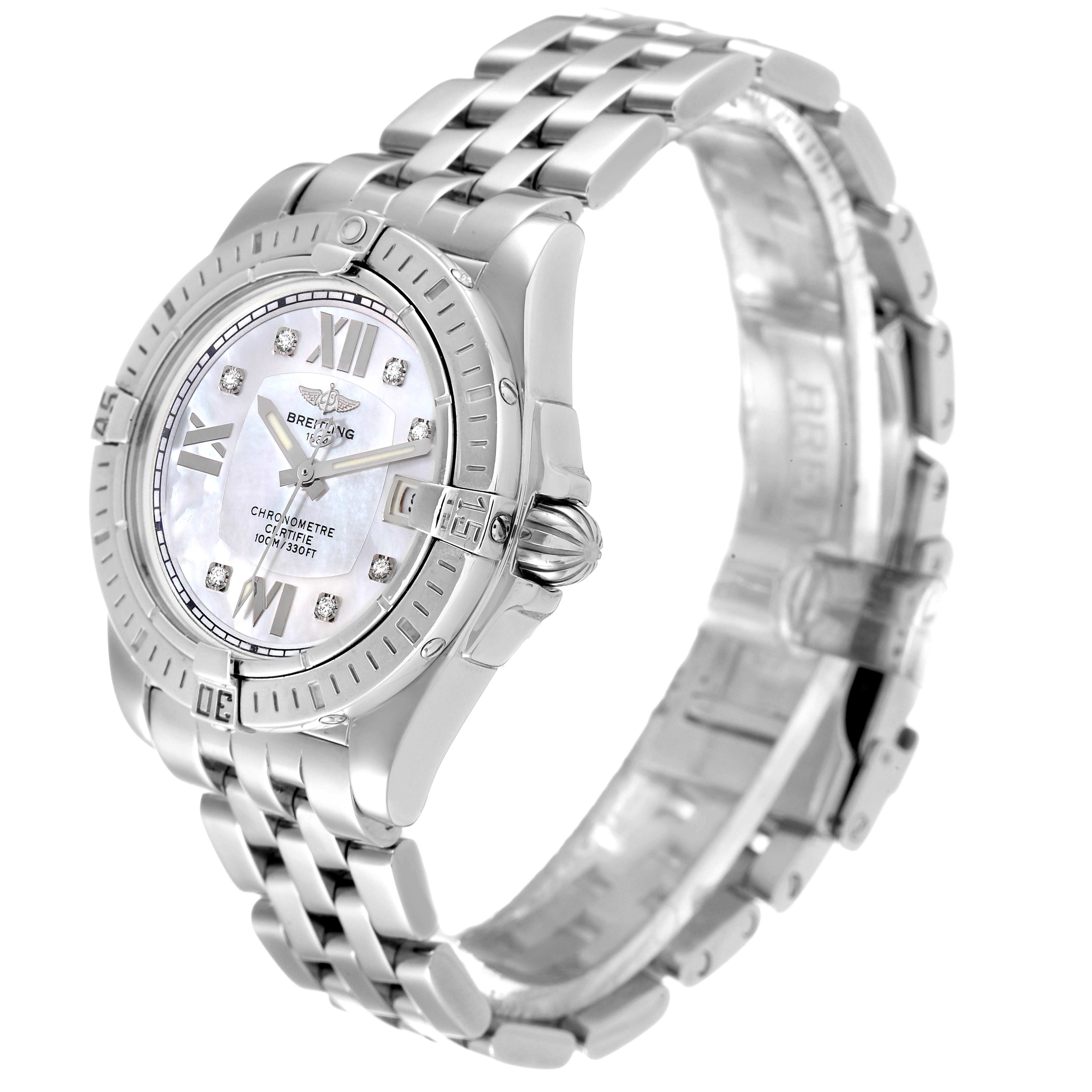 The Breitling A71356 Women's Stainless Steel Mother of Pearl Dial A71356 Women's Stainless Steel Mother of Pearl Dial Cockpit Mother of Pearl Diamond Steel Ladies Watch A71356 is shown at a 3/4 angle highlighting the face, bezel, and bracelet.