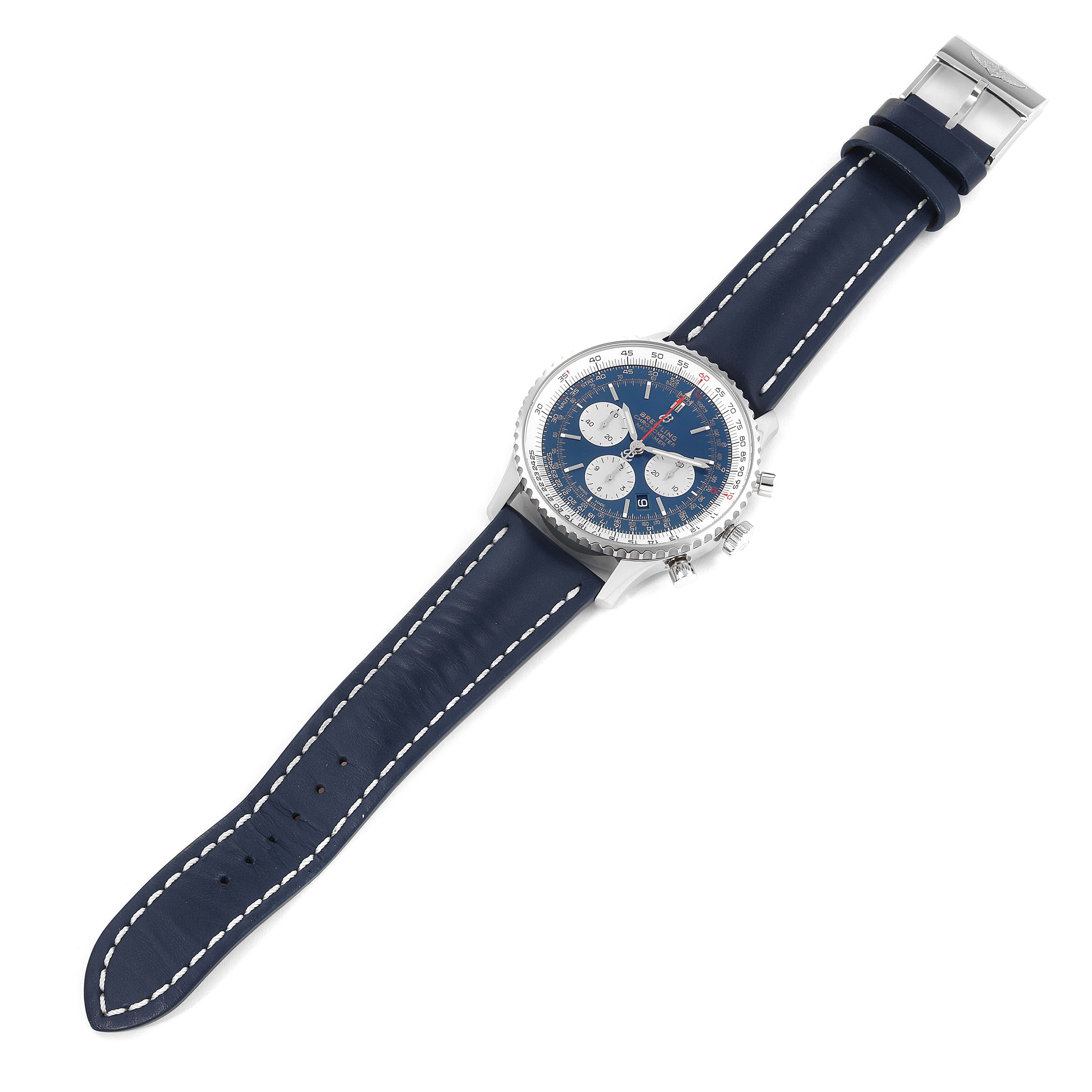 The image shows a Breitling Navitimer AB0127 Men
s Stainless Steel Blue Dial AB0127 Men
s Stainless Steel Blue Dial watch at a slight angle, displaying its blue dial, case, and navy leather strap with white stitching.