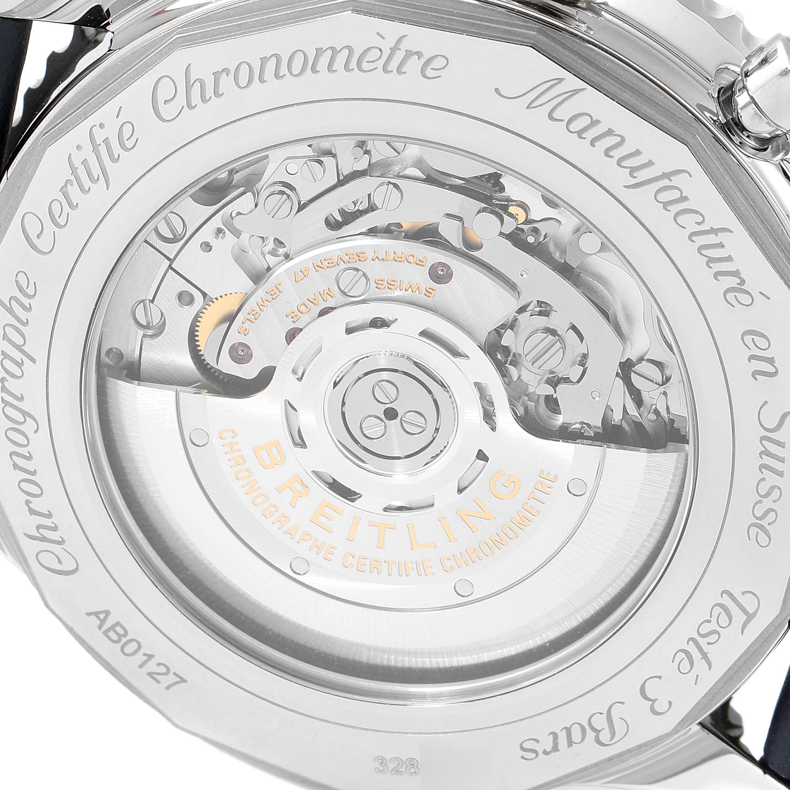 The image shows the rear view of a Breitling Navitimer AB0127 Men
s Stainless Steel Blue Dial AB0127 Men
s Stainless Steel Blue Dial watch, focusing on its exposed automatic movement and engraved details.