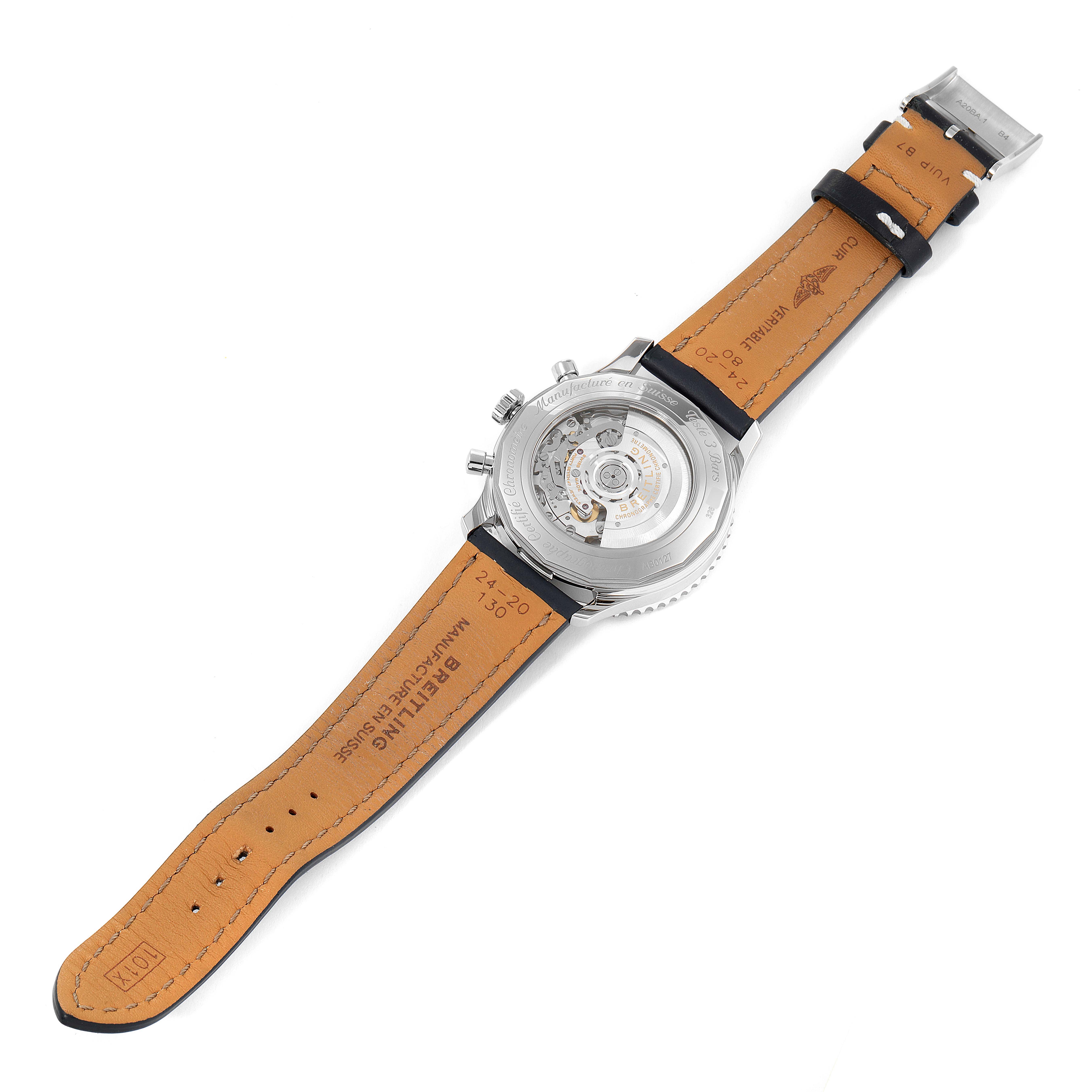 The Breitling Navitimer AB0127 Men
s Stainless Steel Blue Dial AB0127 Men
s Stainless Steel Blue Dial watch is shown from the back, displaying the movement through the transparent case back and the leather strap.