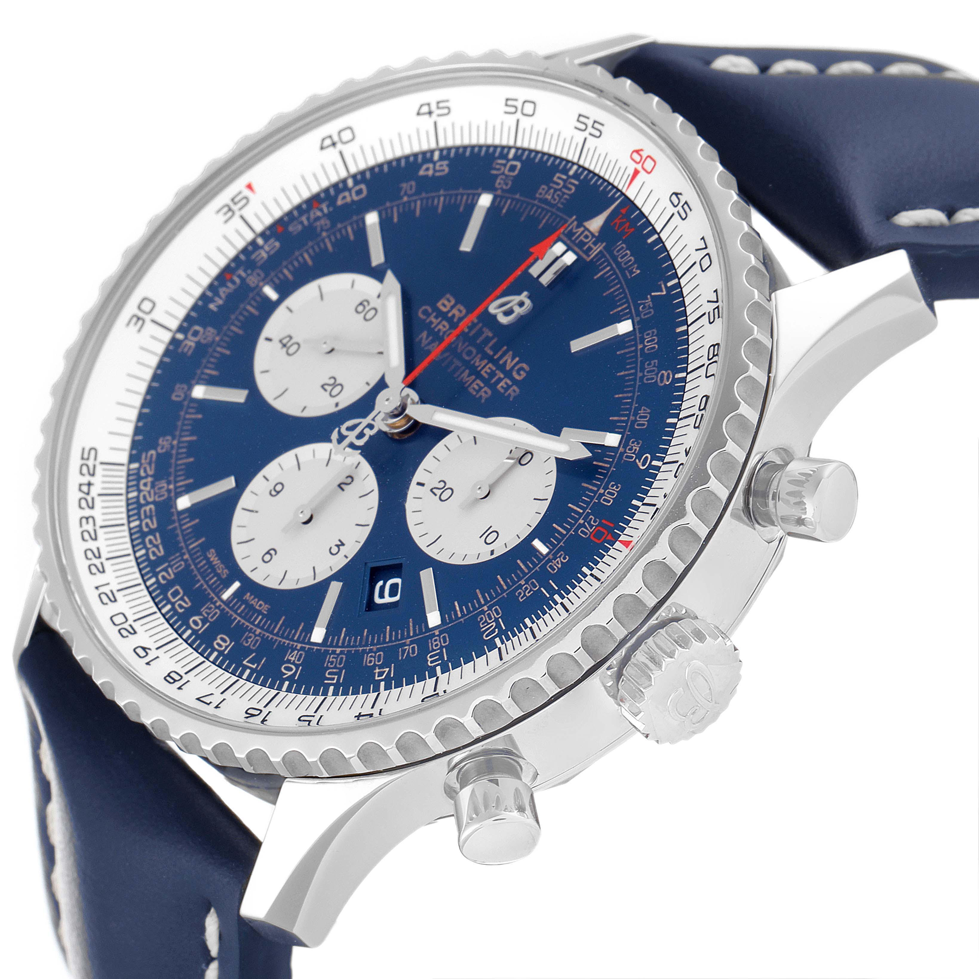 The image shows the Breitling Navitimer AB0127 Men
s Stainless Steel Blue Dial AB0127 Men
s Stainless Steel Blue Dial watch at an oblique angle, displaying the face, bezel, crown, pushers, and part of the strap.