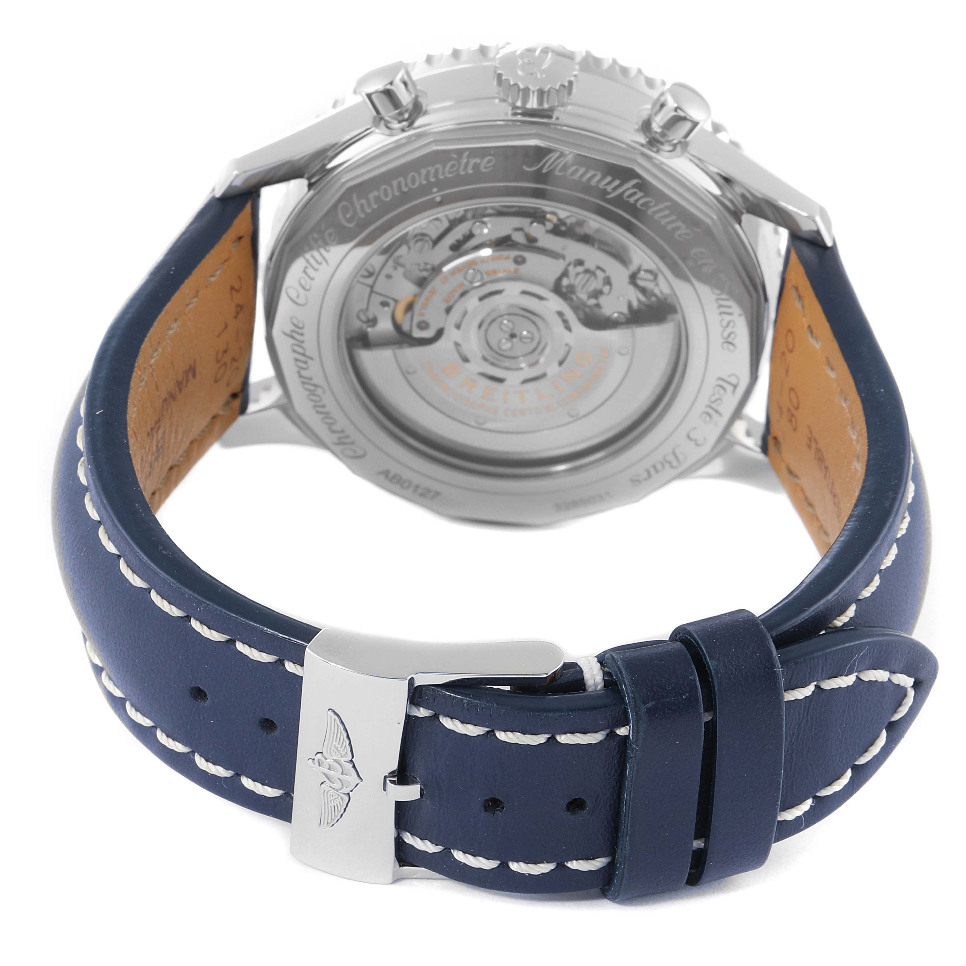 This image shows the back view of a Breitling Navitimer AB0127 Men
s Stainless Steel Blue Dial AB0127 Men
s Stainless Steel Blue Dial watch with a transparent case back and a blue leather strap.