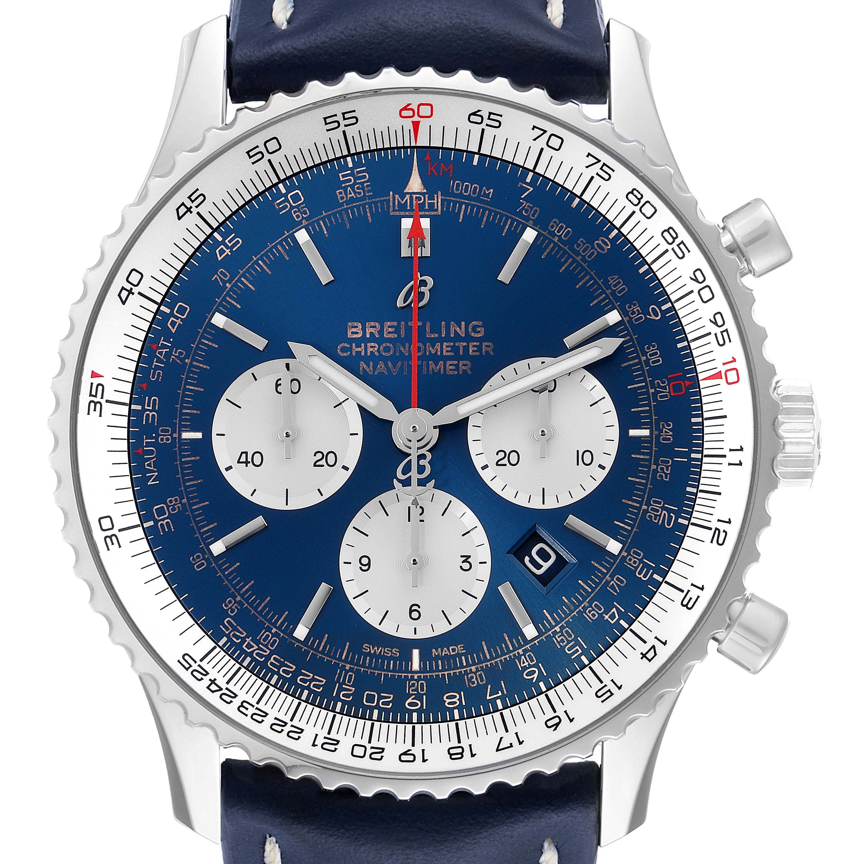 This image shows a Breitling Navitimer AB0127 Men
s Stainless Steel Blue Dial AB0127 Men
s Stainless Steel Blue Dial watch taken from a front view, highlighting the dial, chronograph sub-dials, and bezel.