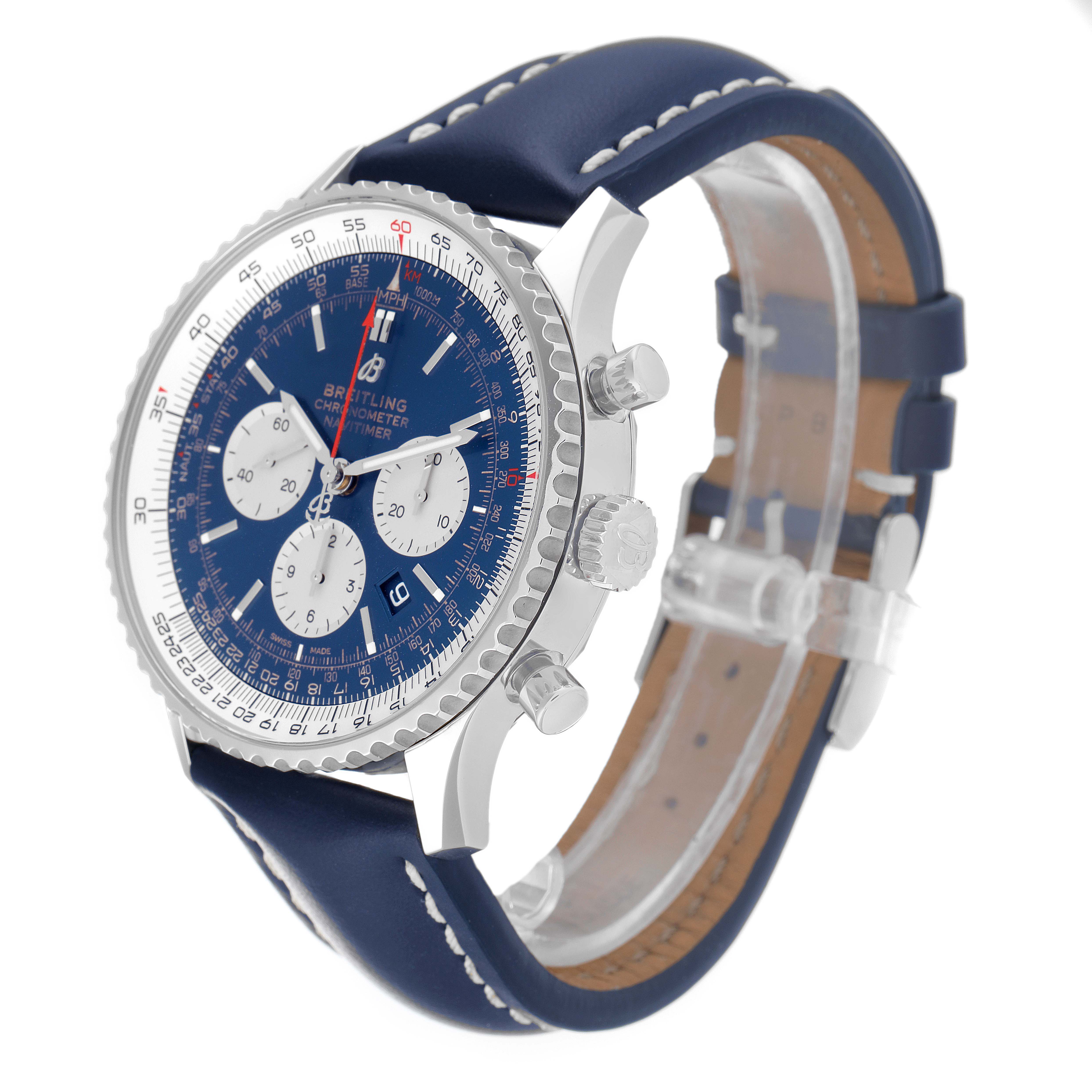 This image shows a side and front angle of the Breitling Navitimer AB0127 Men
s Stainless Steel Blue Dial AB0127 Men
s Stainless Steel Blue Dial watch, featuring its bezel, crown, chronograph pushers, and leather strap.