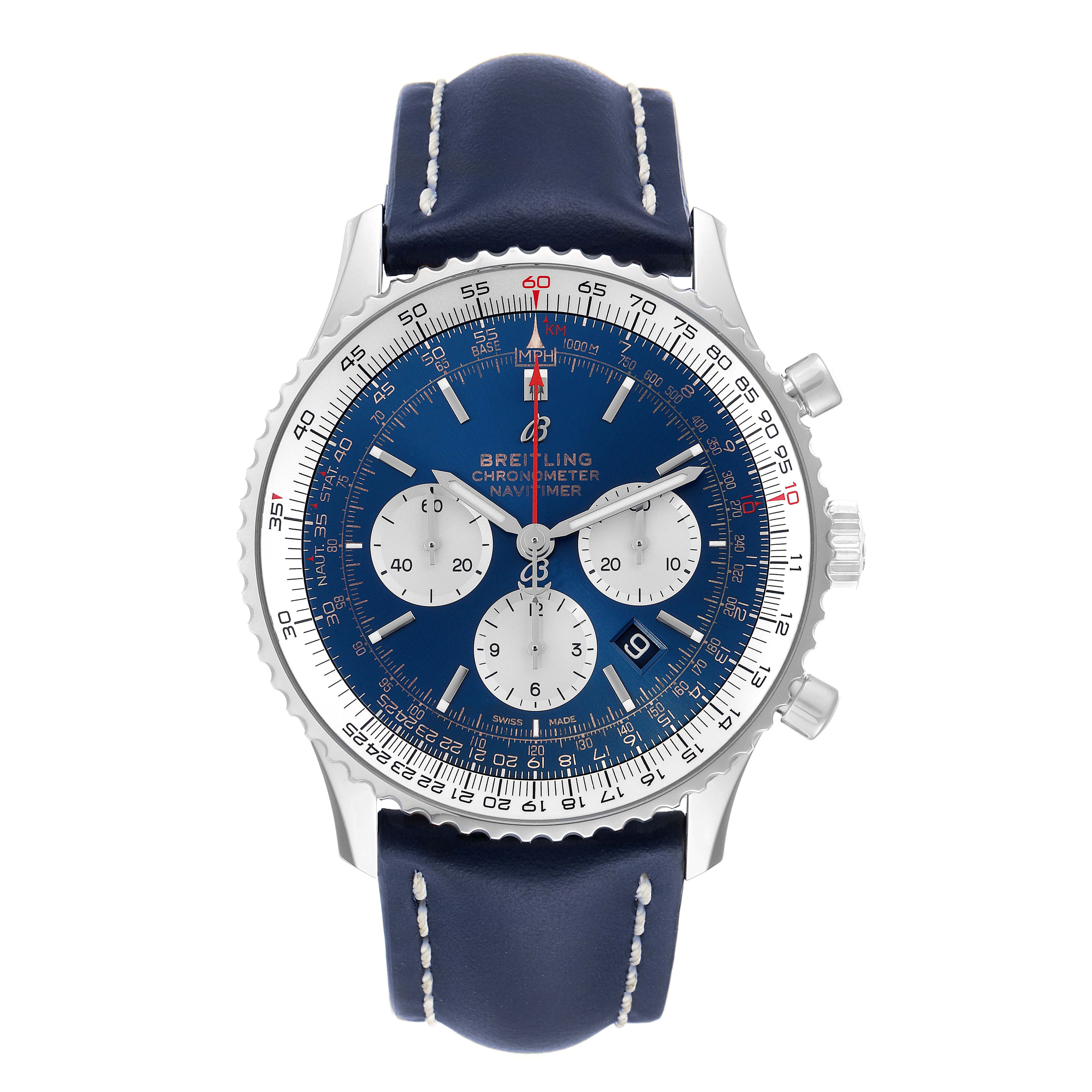 This image shows a front view of a Breitling Navitimer AB0127 Men
s Stainless Steel Blue Dial AB0127 Men
s Stainless Steel Blue Dial watch featuring a blue dial and leather strap with silver accents.