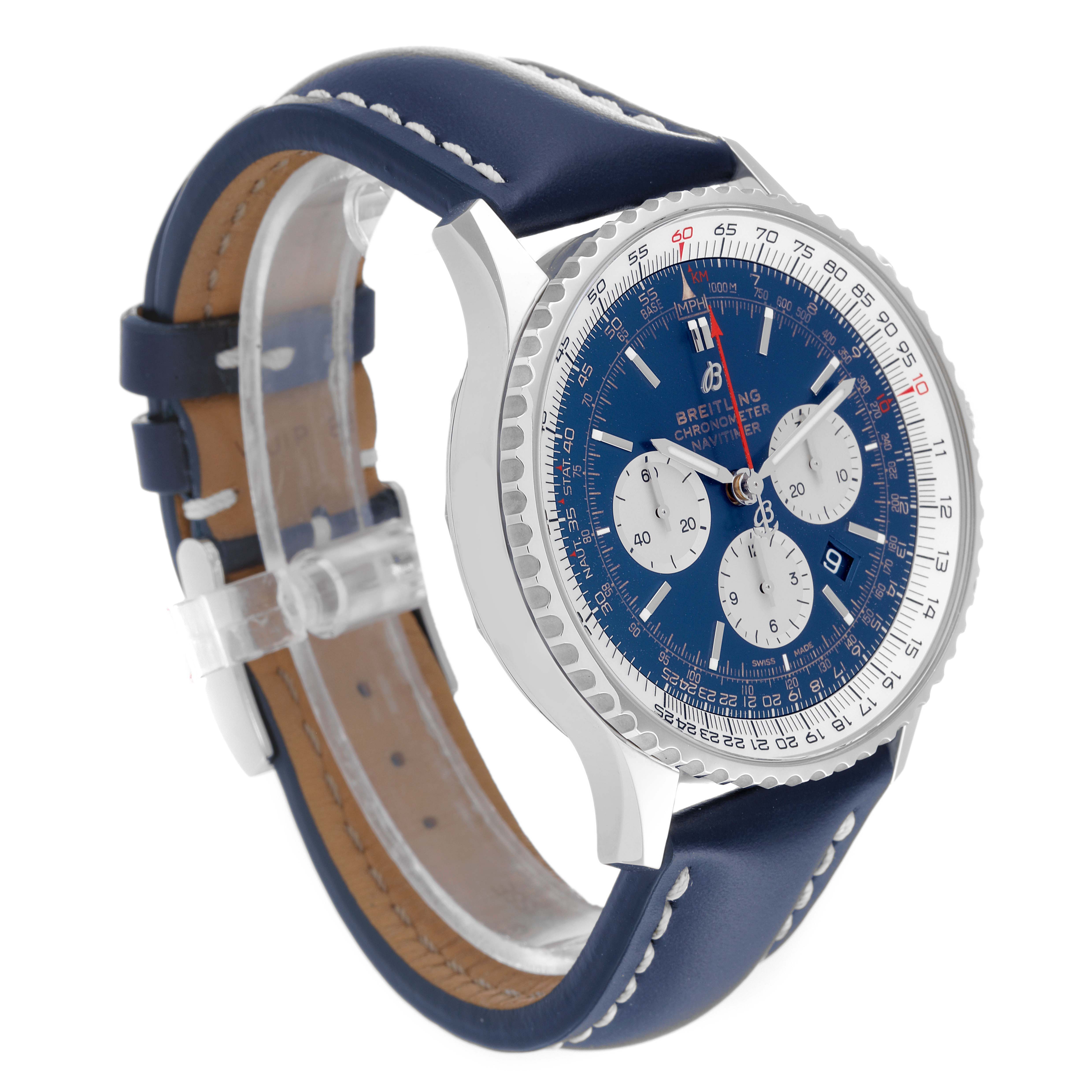 The image shows a Breitling Navitimer AB0127 Men
s Stainless Steel Blue Dial AB0127 Men
s Stainless Steel Blue Dial watch at a three-quarter angle, highlighting the dial, bezel, and leather strap.
