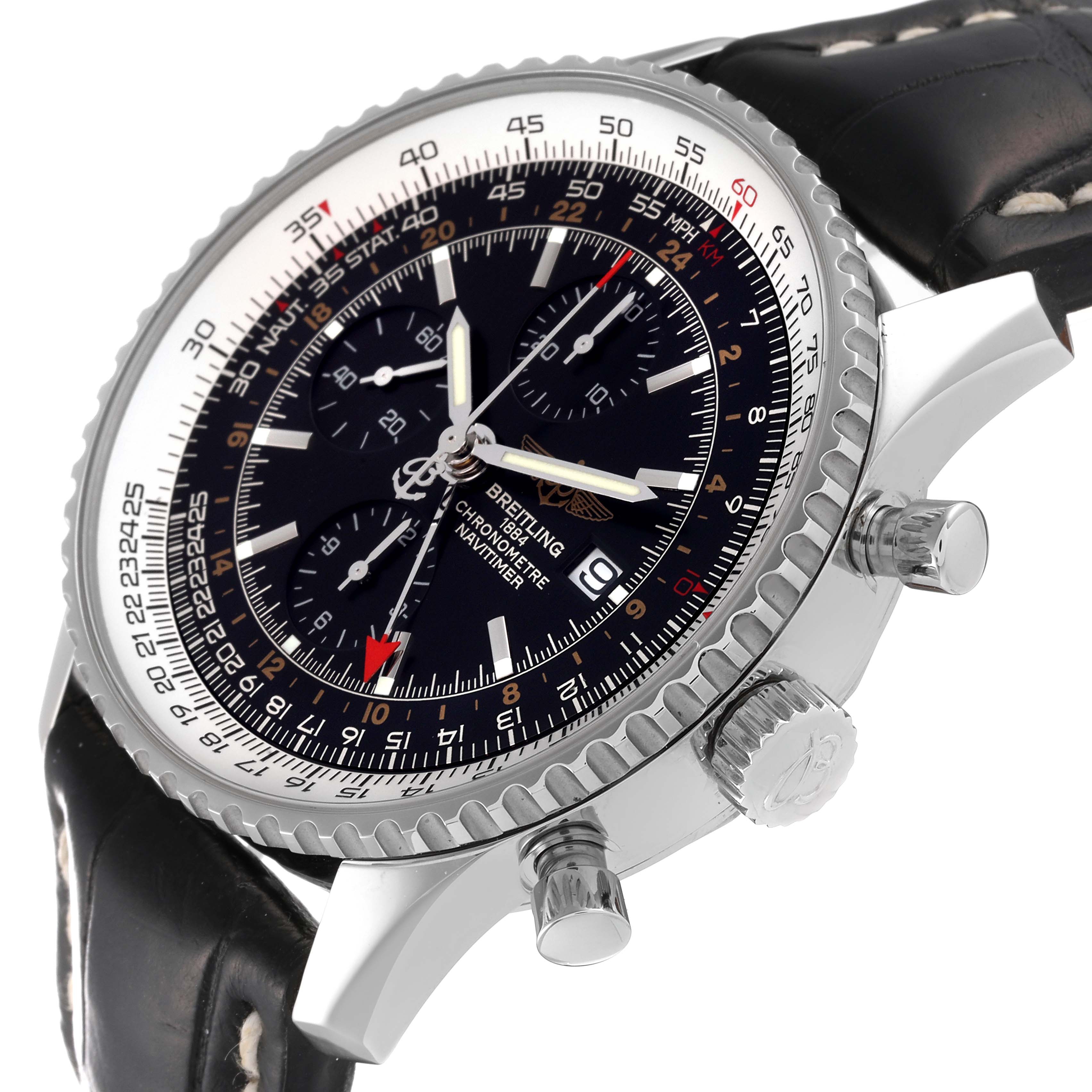 This image shows a close-up of the face and side of a Breitling Navitimer A24322 Men's Stainless Steel Black Dial A24322 Men's Stainless Steel Black Dial watch, highlighting the chronograph dials, bezel, and crown.