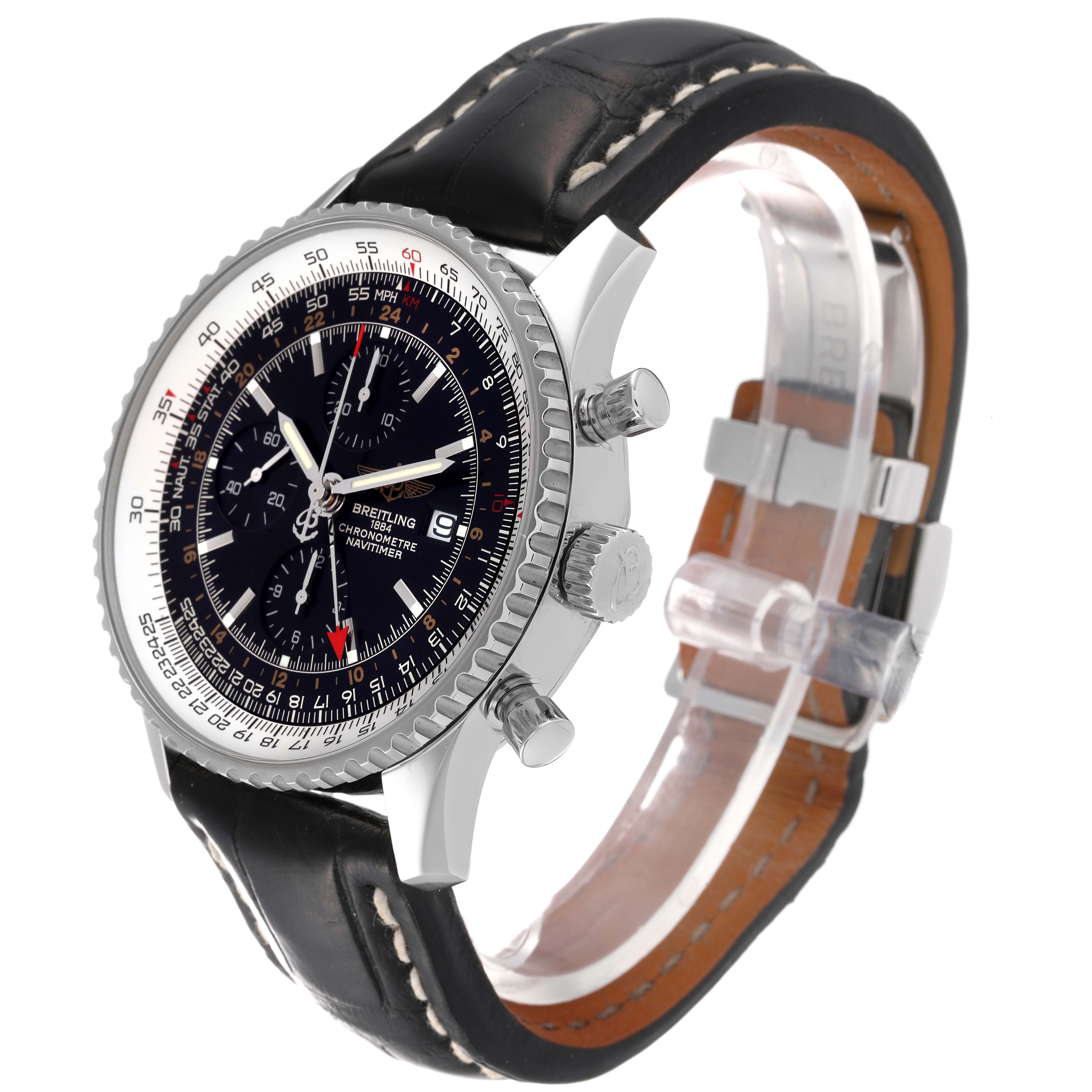 The Breitling Navitimer A24322 Men's Stainless Steel Black Dial A24322 Men's Stainless Steel Black Dial watch is shown at a three-quarter angle, highlighting the face, bezel, crown, pushers, and leather strap.