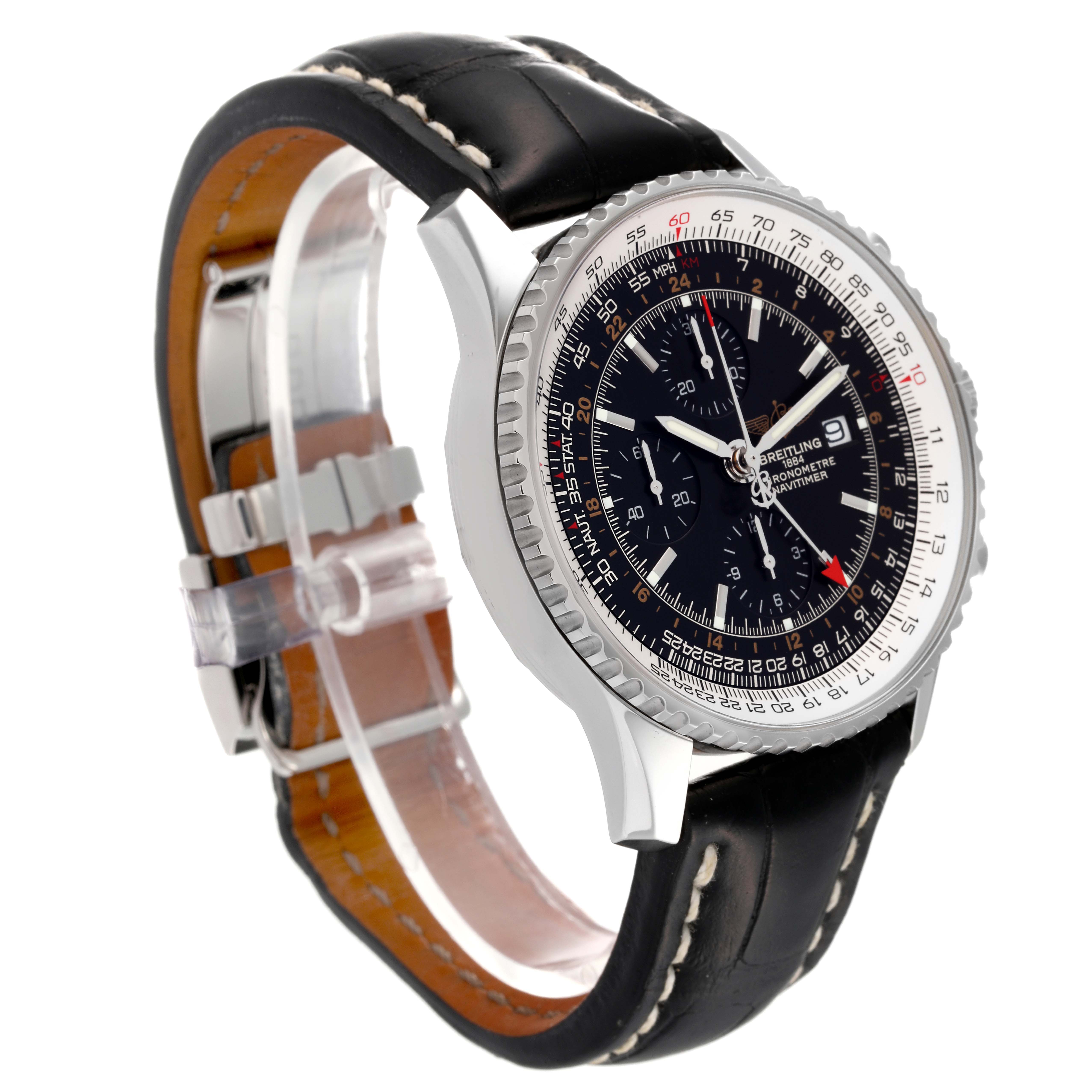 This image shows a Breitling Navitimer A24322 Men's Stainless Steel Black Dial A24322 Men's Stainless Steel Black Dial watch at a slight angle from the side, highlighting the black leather strap, bezel, and dial.