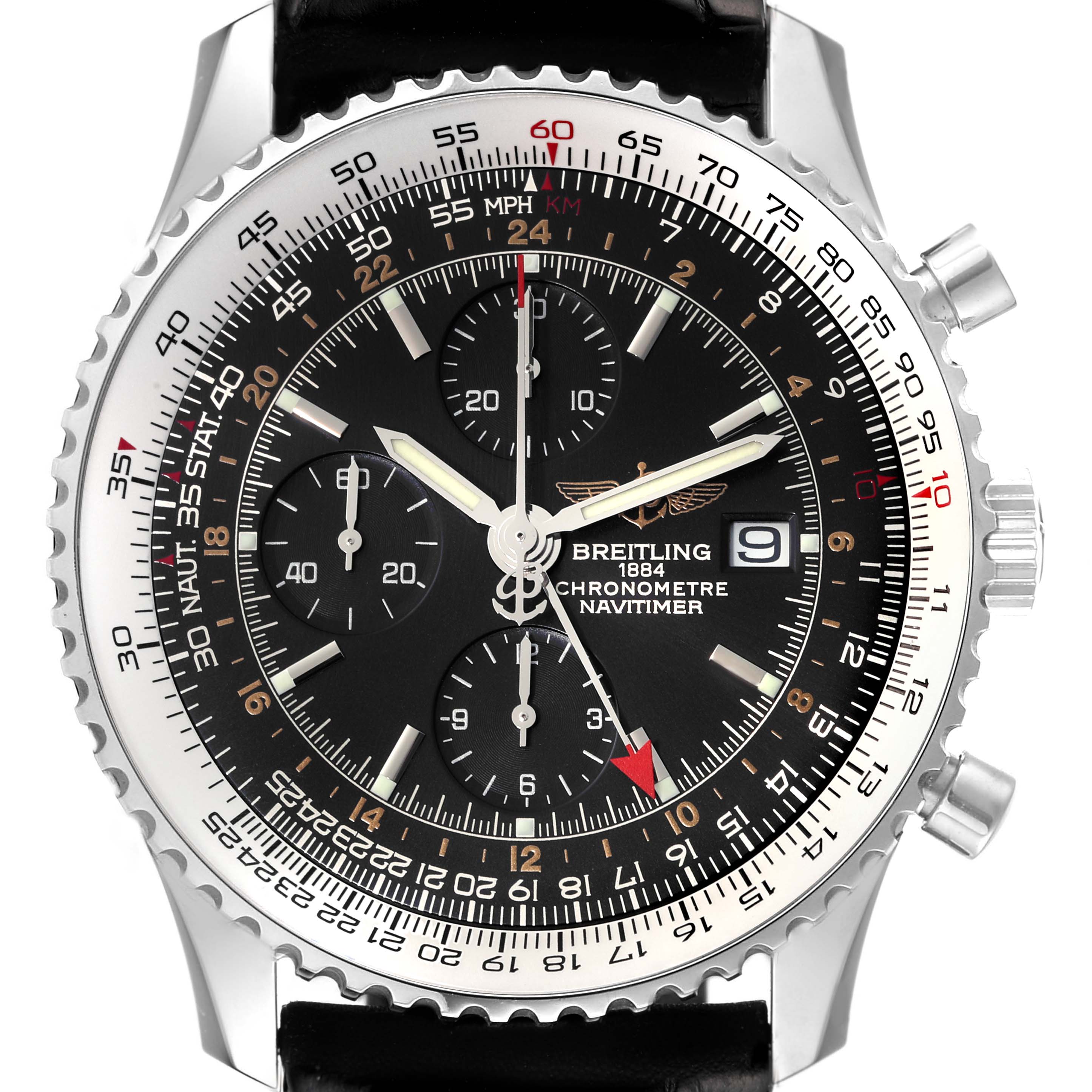 The image shows a front view of the Breitling Navitimer A24322 Men's Stainless Steel Black Dial A24322 Men's Stainless Steel Black Dial watch face, displaying its dial, bezel, sub-dials, and date window.
