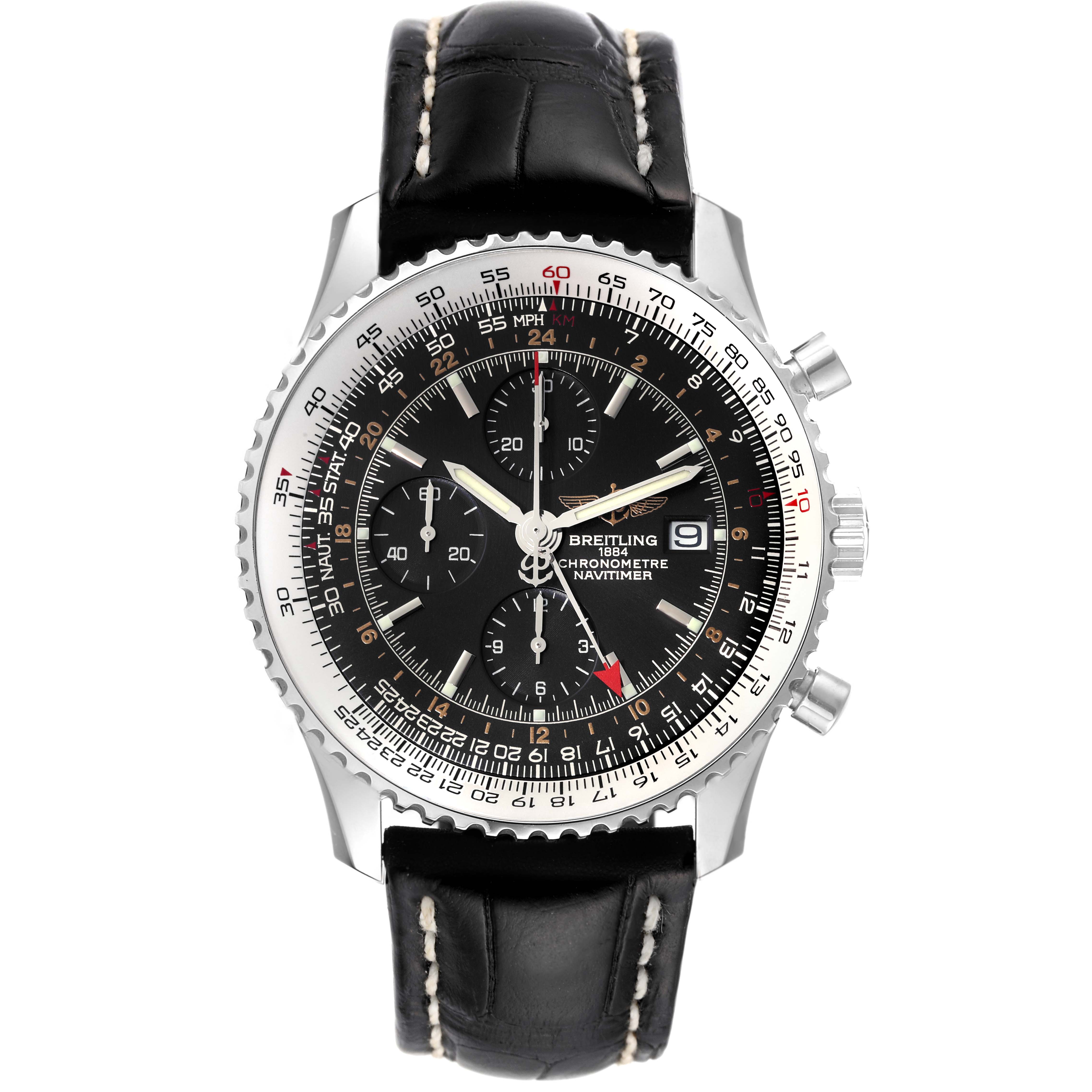 The Breitling Navitimer A24322 Men's Stainless Steel Black Dial A24322 Men's Stainless Steel Black Dial watch is shown from a front angle, featuring its face, bezel, pushers, crown, and leather strap.