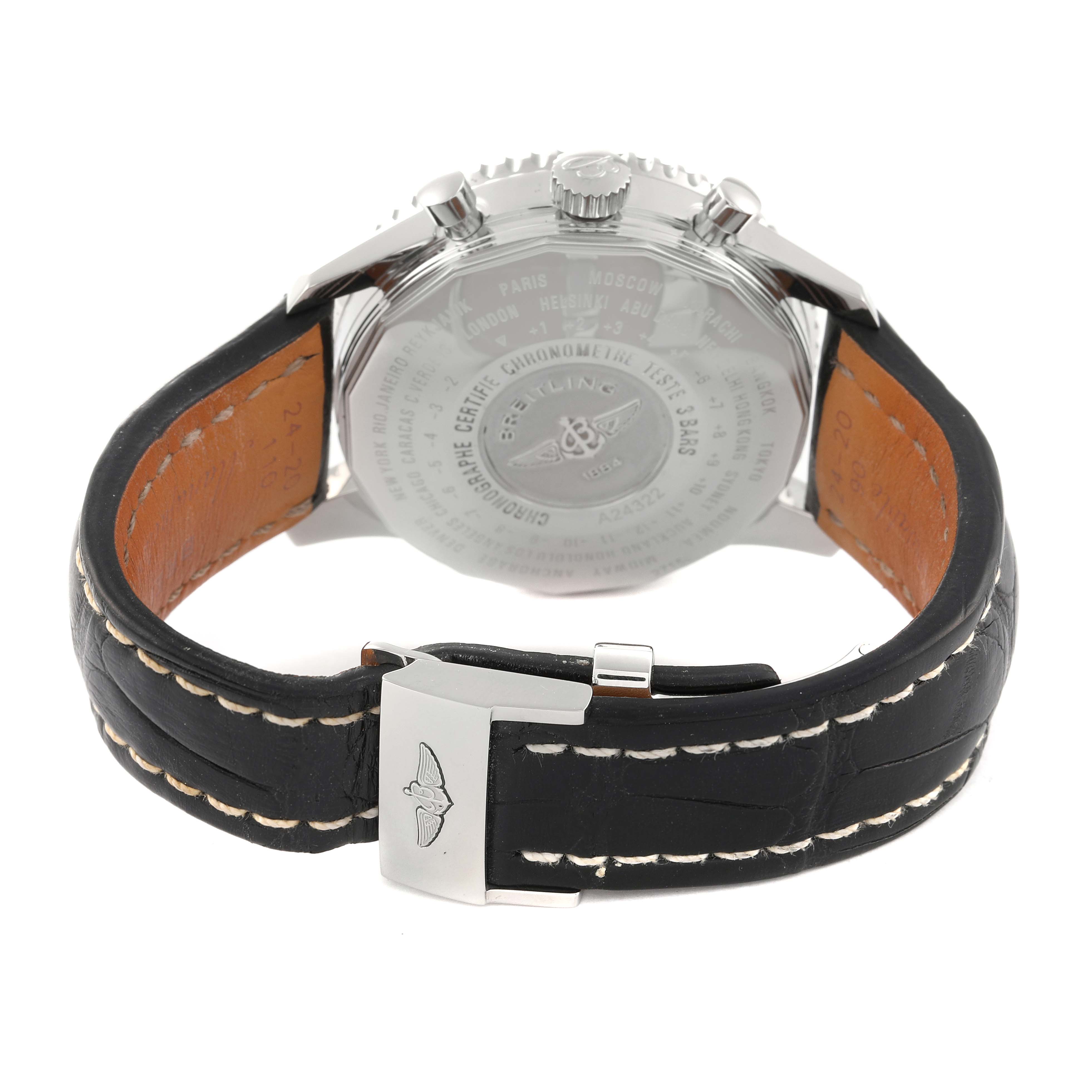 The image shows the back of a Breitling Navitimer A24322 Men's Stainless Steel Black Dial A24322 Men's Stainless Steel Black Dial watch, highlighting the case back, crown, pushers, and leather strap with buckle.