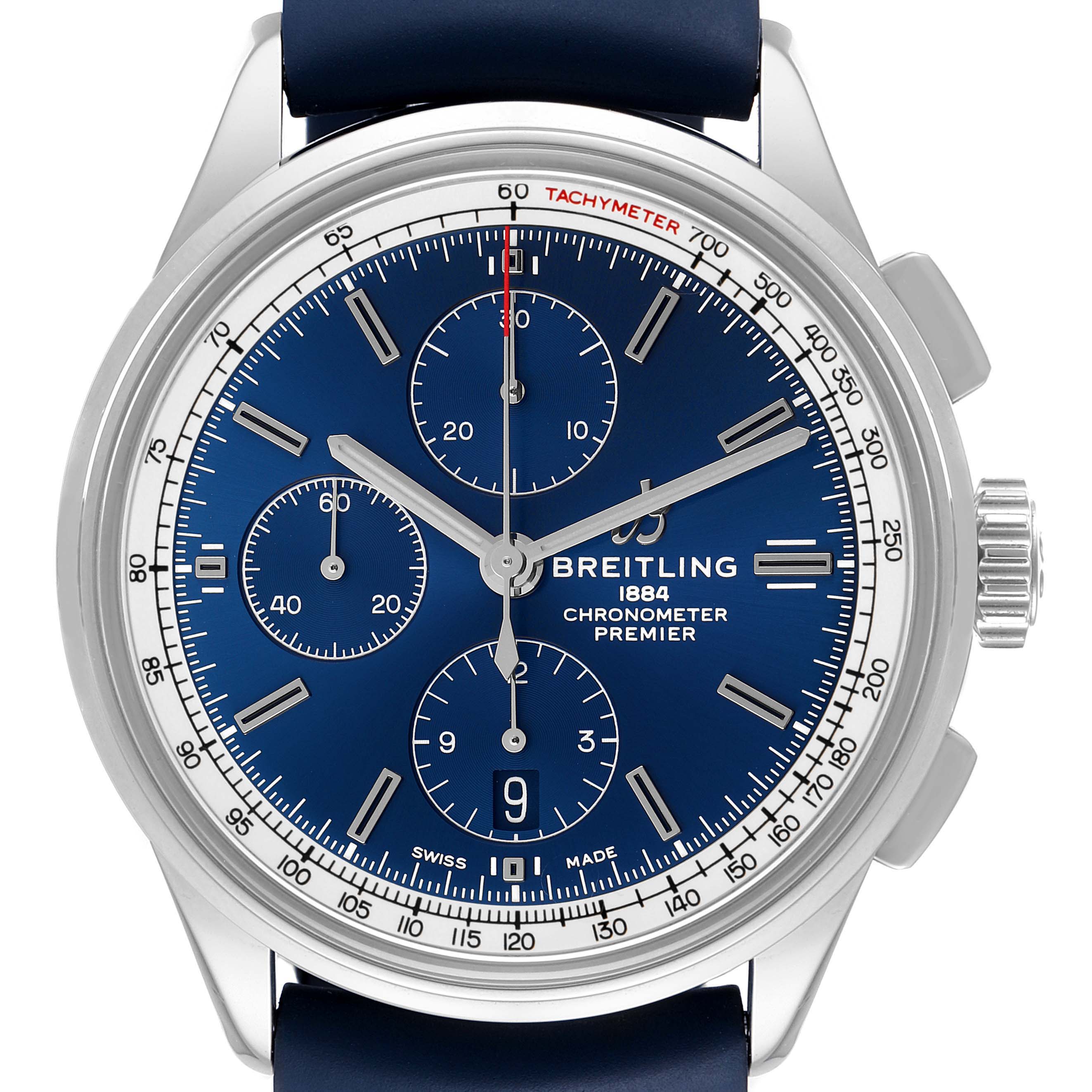 This image shows a frontal view of the Breitling Premier A13315 Men's Stainless Steel Blue Dial A13315 Men's Stainless Steel Blue Dial watch model, highlighting the dial, subdials, tachymeter scale, and crown.