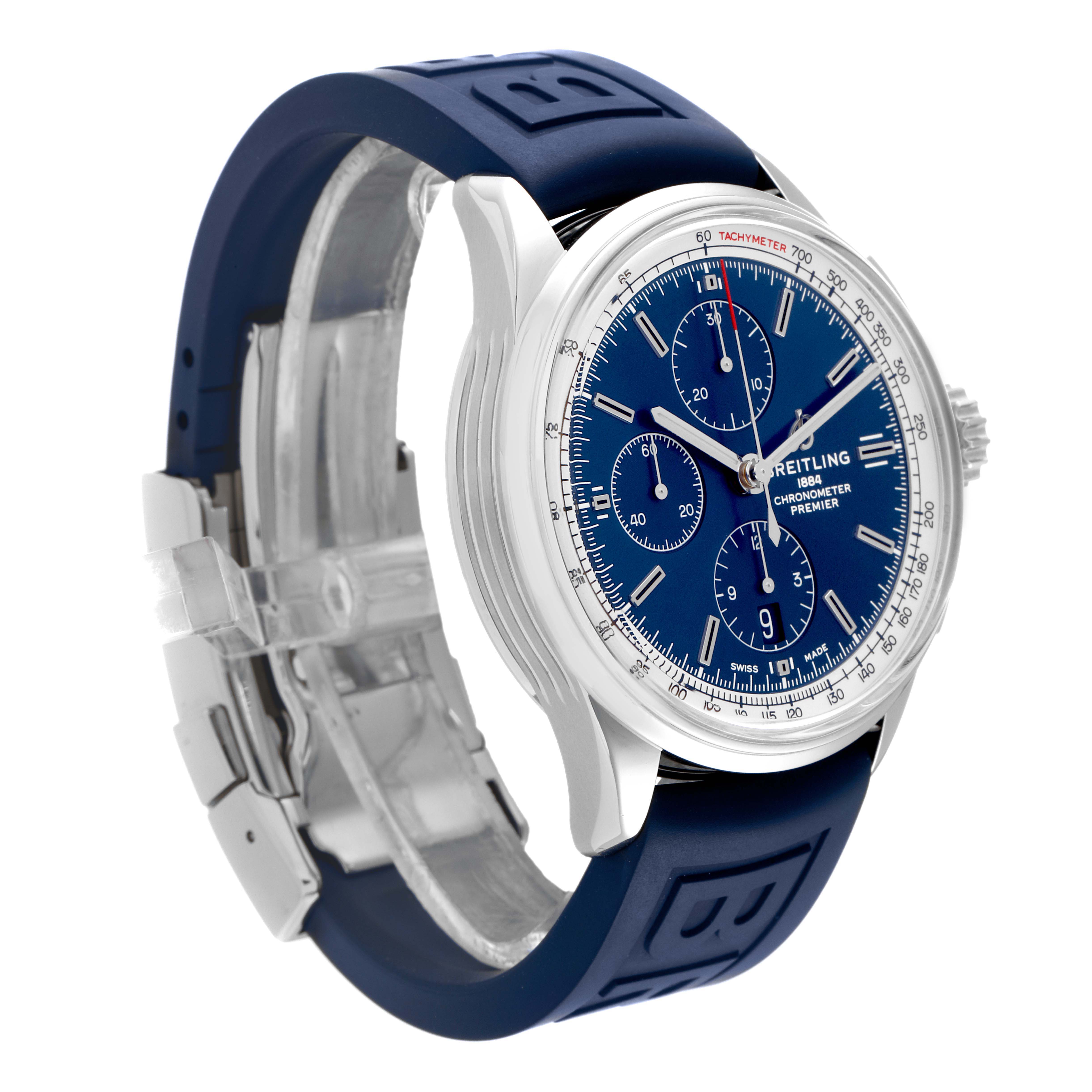The Breitling Premier A13315 Men's Stainless Steel Blue Dial A13315 Men's Stainless Steel Blue Dial watch is shown at a slight angle, revealing its blue dial, chronograph subdials, and blue rubber strap.