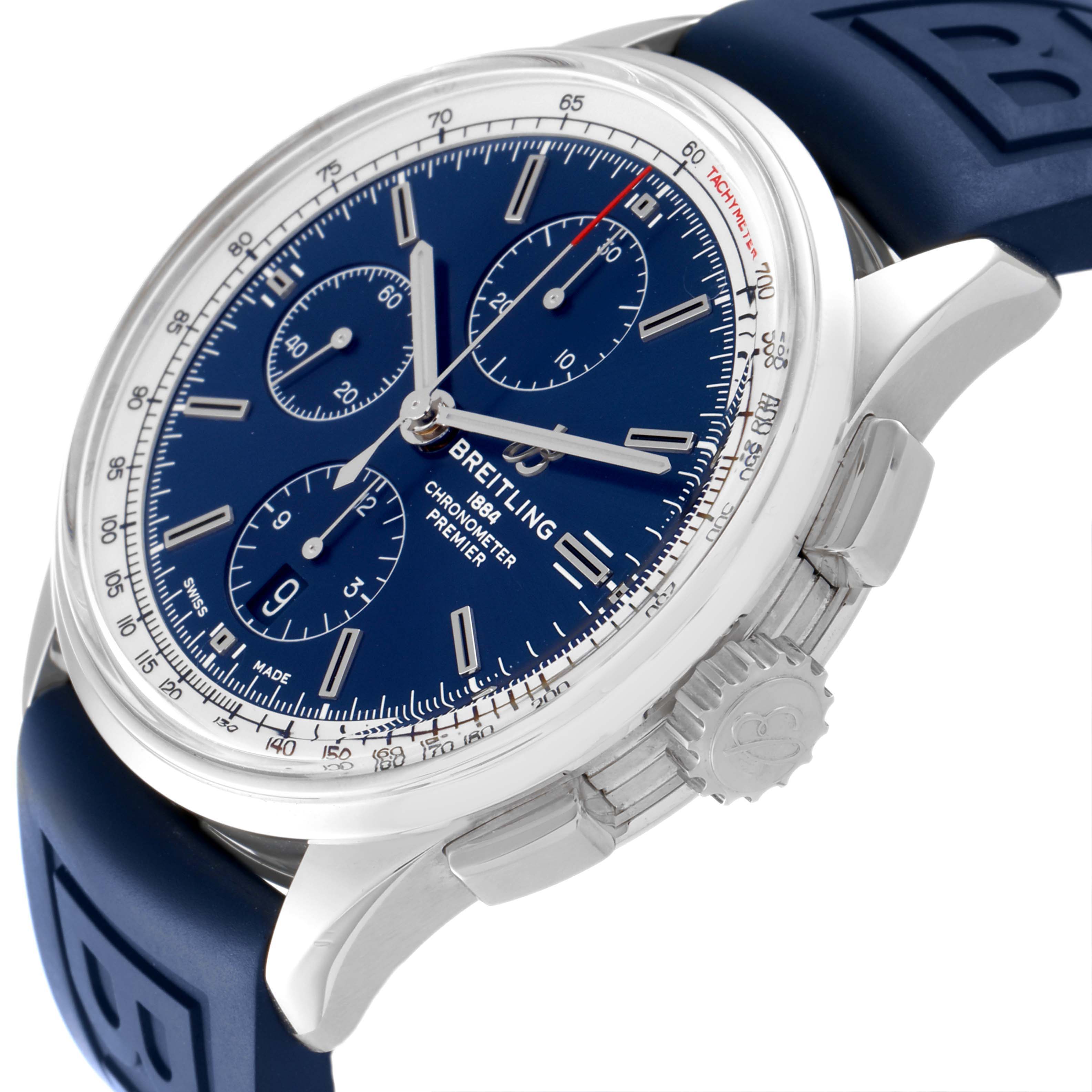 The image shows a three-quarter view of the Breitling Premier A13315 Men's Stainless Steel Blue Dial A13315 Men's Stainless Steel Blue Dial watch, highlighting the blue dial, chronograph subdials, and crown.