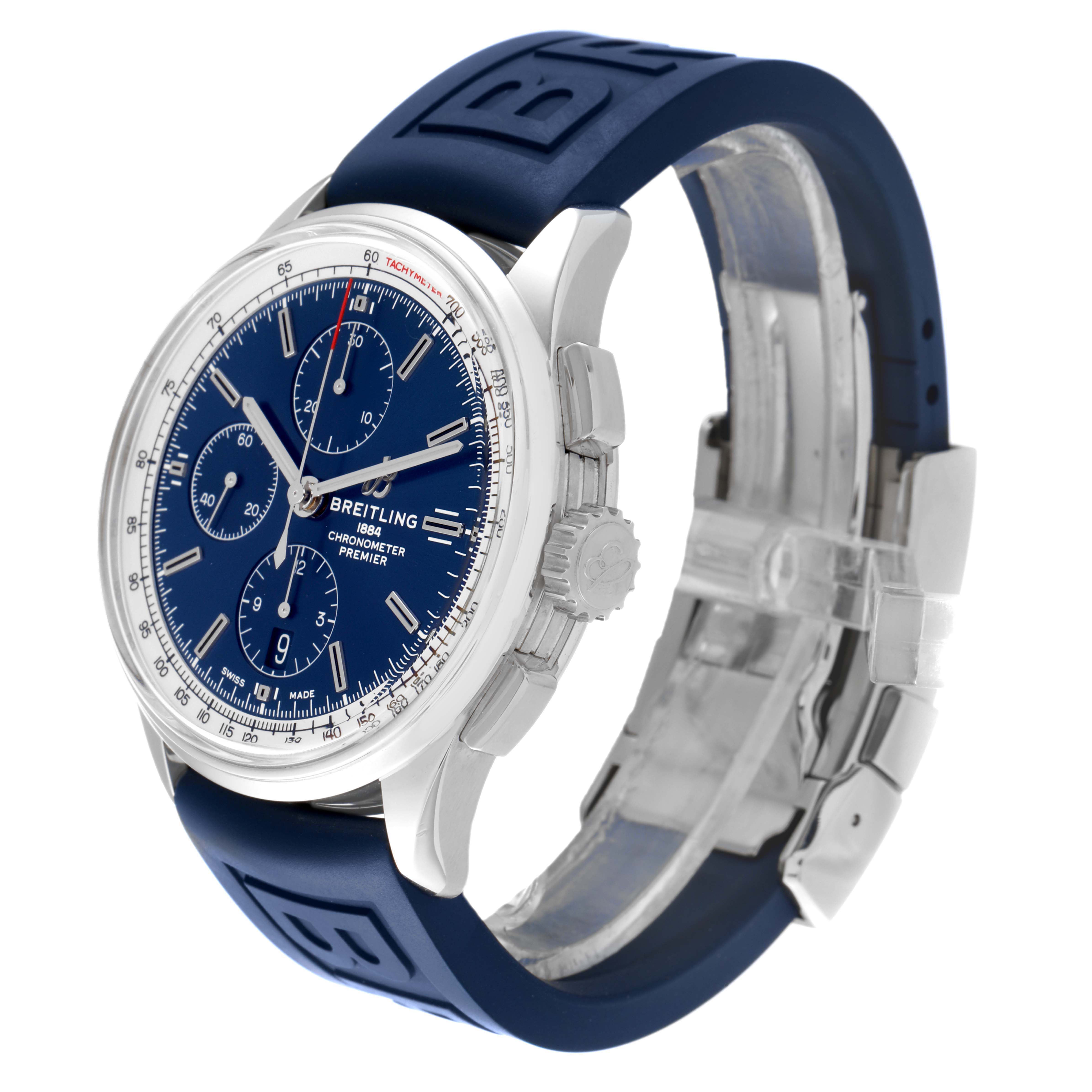 The image shows a Breitling Premier A13315 Men's Stainless Steel Blue Dial A13315 Men's Stainless Steel Blue Dial model watch from a side angle, highlighting its blue dial, chronograph features, and blue rubber strap.