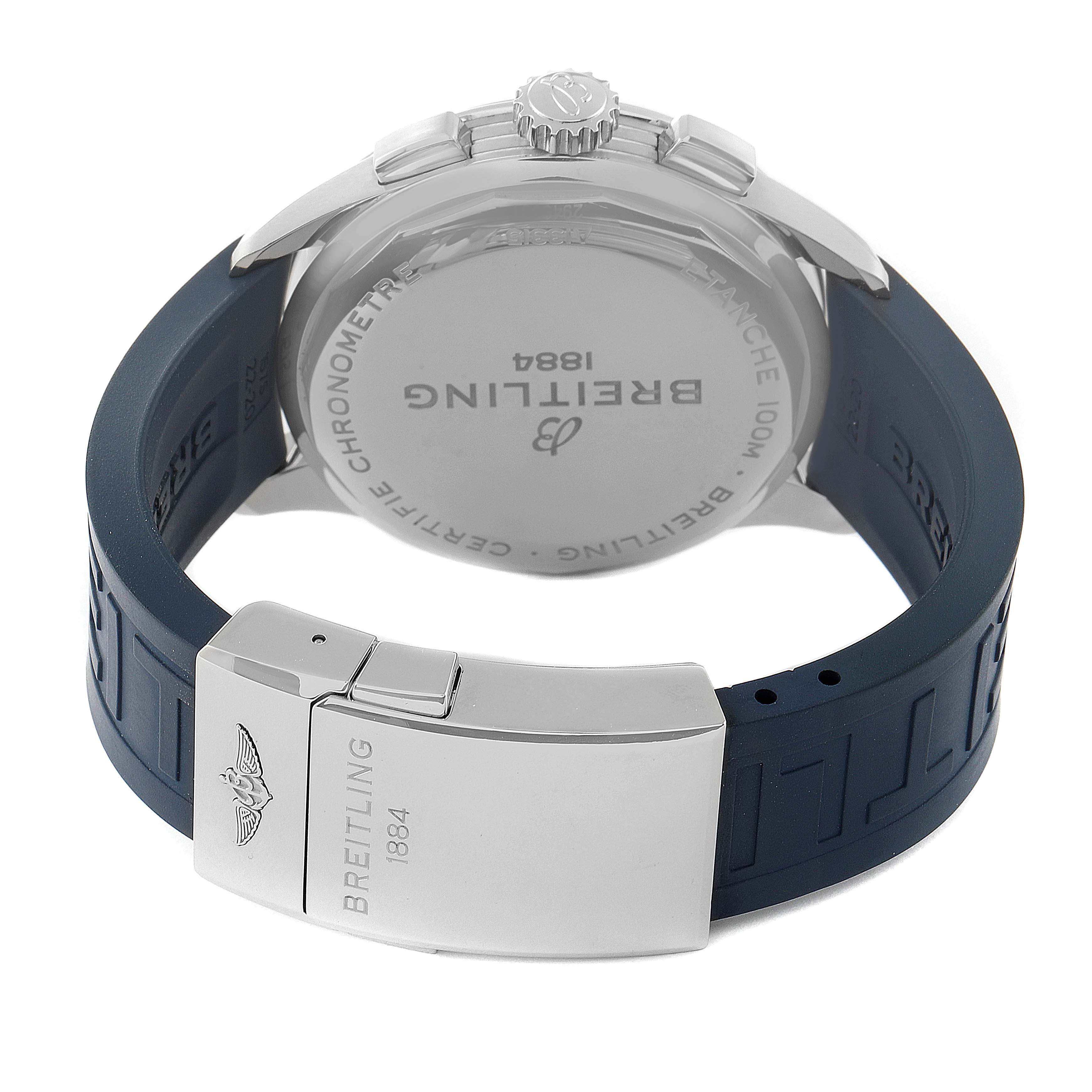 This image shows the back view of a Breitling Premier A13315 Men's Stainless Steel Blue Dial A13315 Men's Stainless Steel Blue Dial watch, featuring its case back, crown, and navy blue strap with clasp.