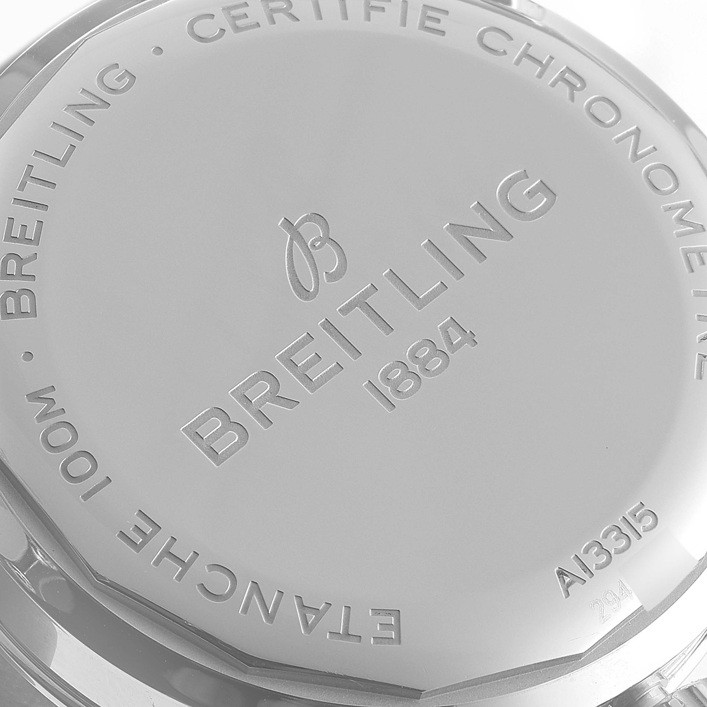 The image shows the back case of the Breitling Premier A13315 Men's Stainless Steel Blue Dial A13315 Men's Stainless Steel Blue Dial watch, highlighting brand markings and specifications.