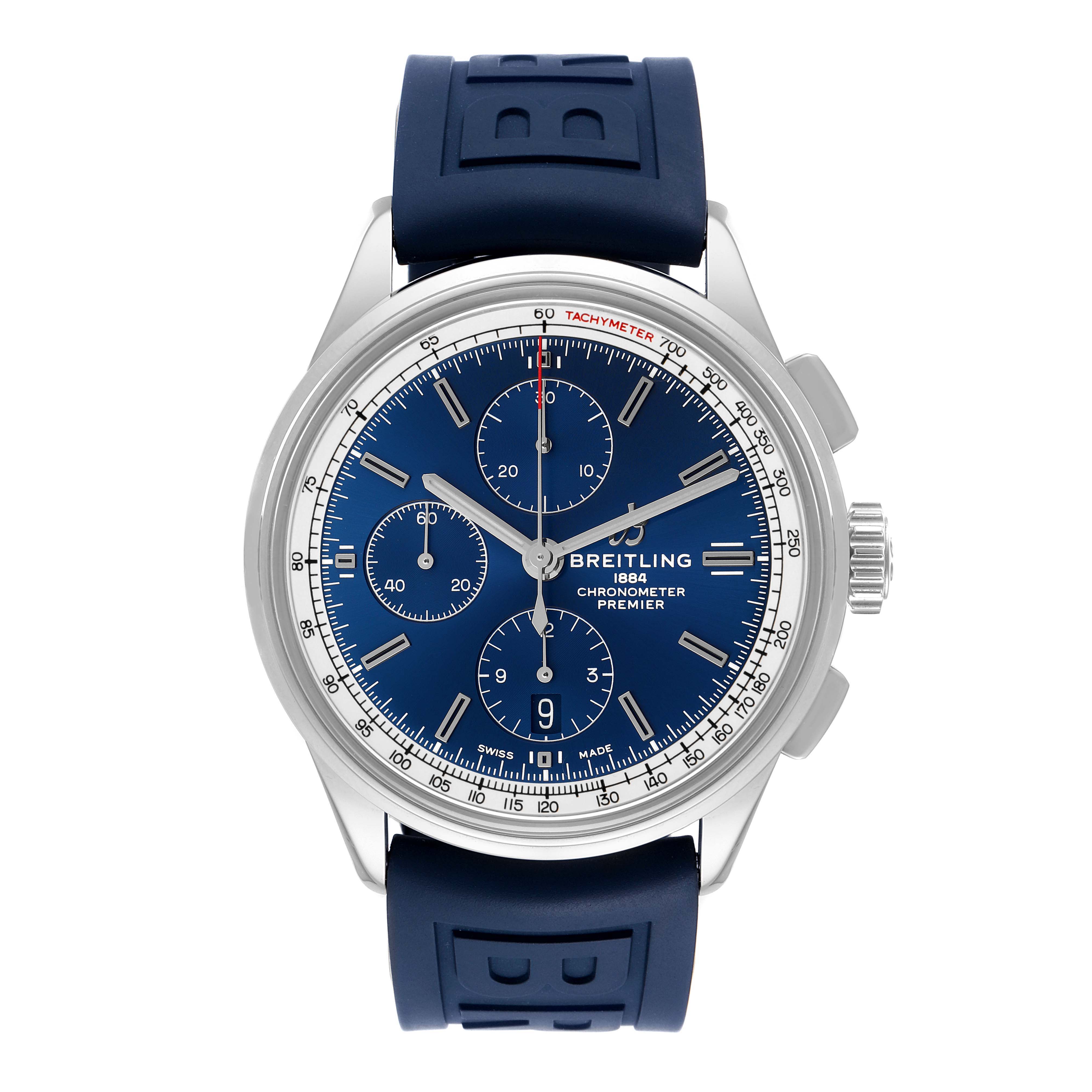 The image shows a front view of a Breitling Premier A13315 Men's Stainless Steel Blue Dial A13315 Men's Stainless Steel Blue Dial model watch with a blue dial and a blue strap.