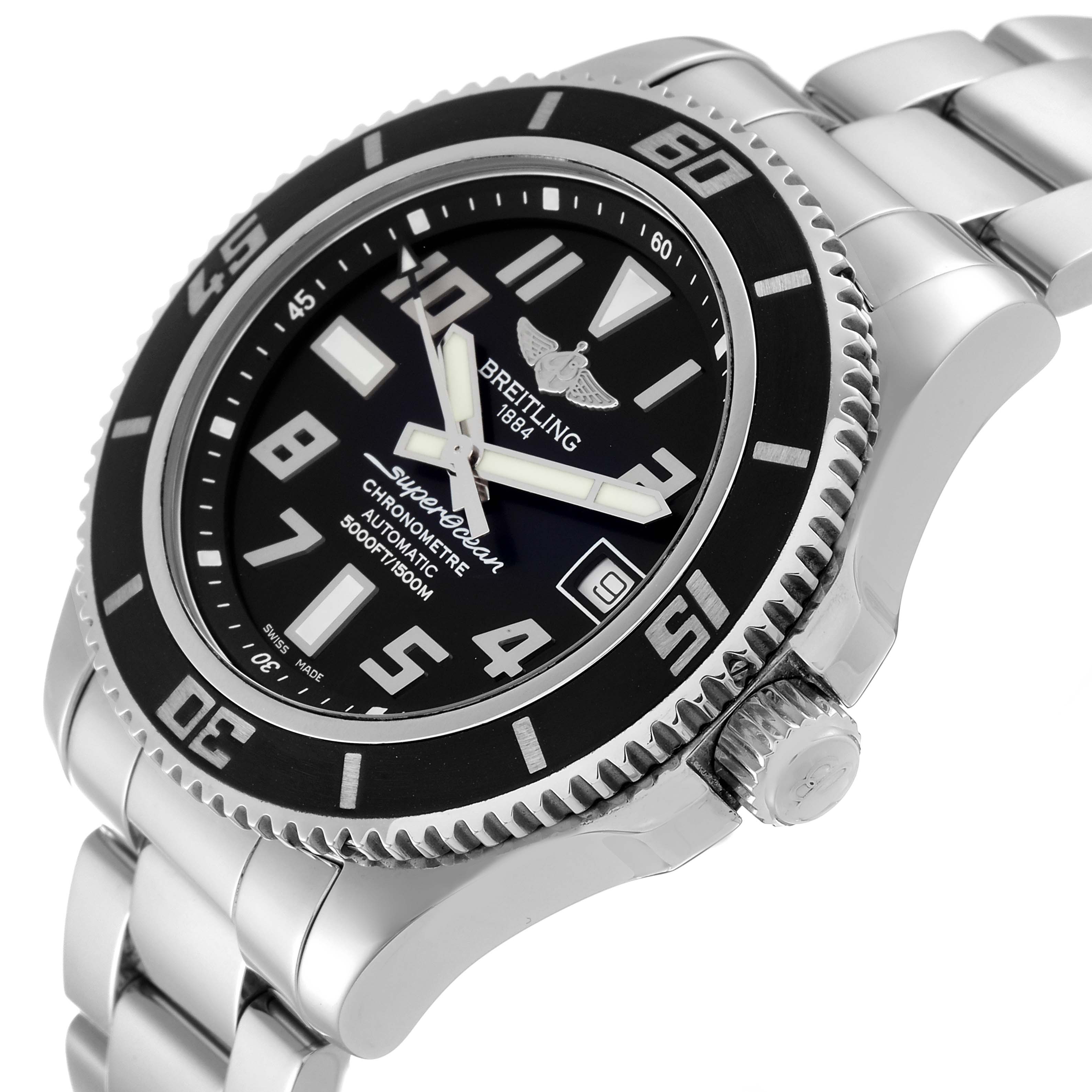 The Breitling Superocean A17364 Men's Stainless Steel Silver Dial A17364 Men's Stainless Steel Silver Dial watch is shown at an angled side view highlighting the dial, bezel, crown, and part of the bracelet.
