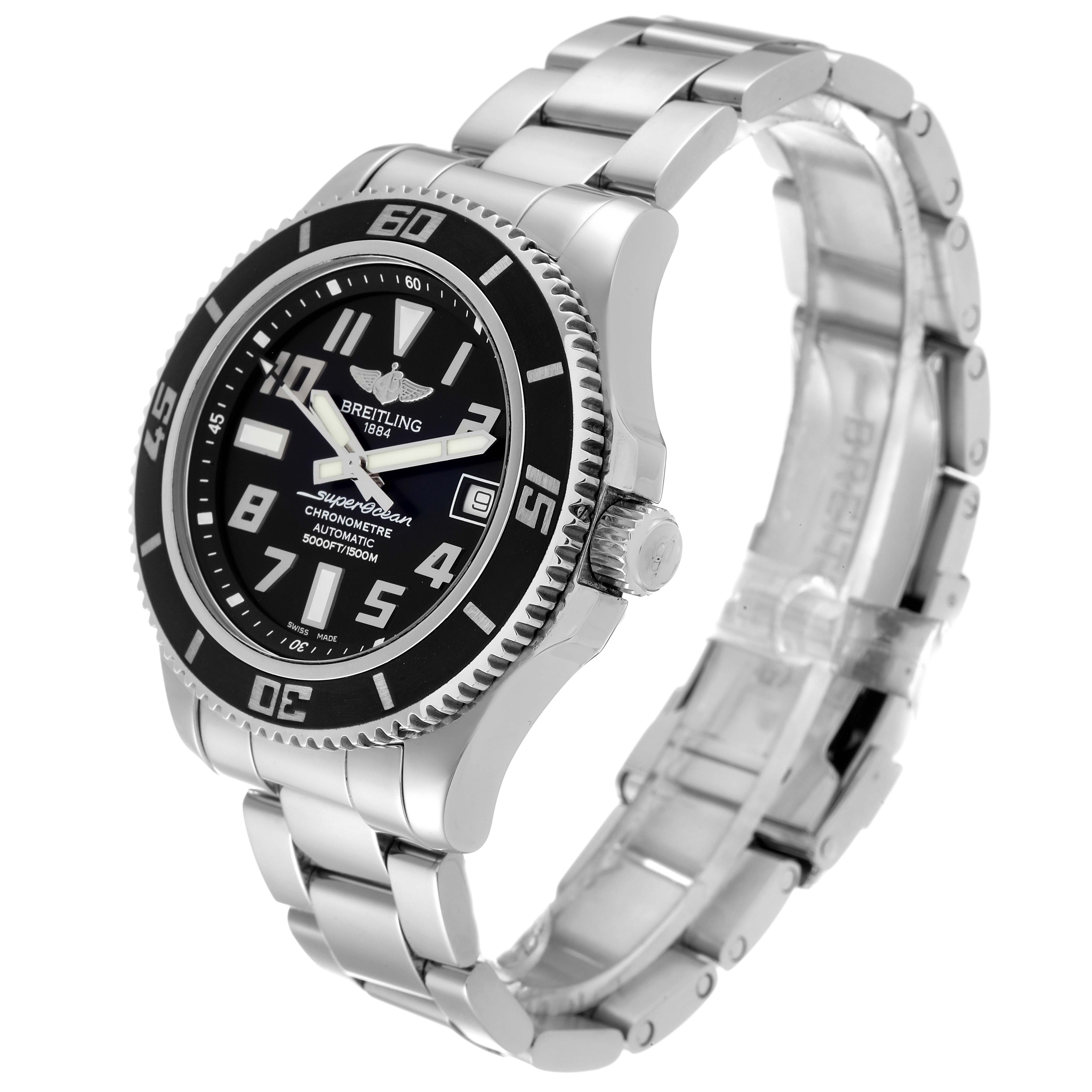 The image shows the Breitling Superocean A17364 Men's Stainless Steel Silver Dial A17364 Men's Stainless Steel Silver Dial watch from an angled front view, displaying the face, bezel, crown, and metal bracelet.