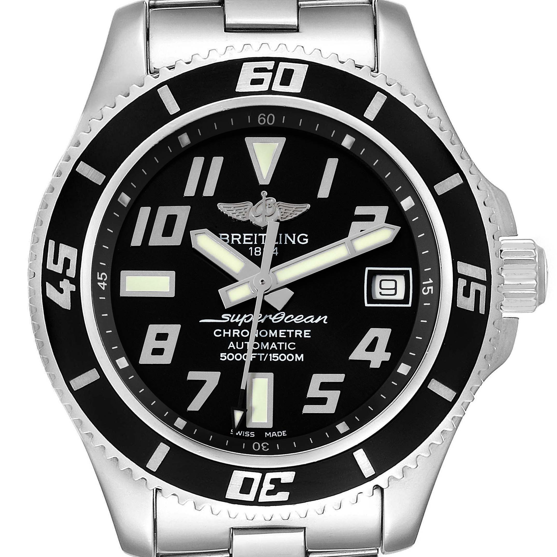 This image shows the front view of a Breitling Superocean A17364 Men's Stainless Steel Silver Dial A17364 Men's Stainless Steel Silver Dial watch, highlighting its dial, bezel, and part of the bracelet.