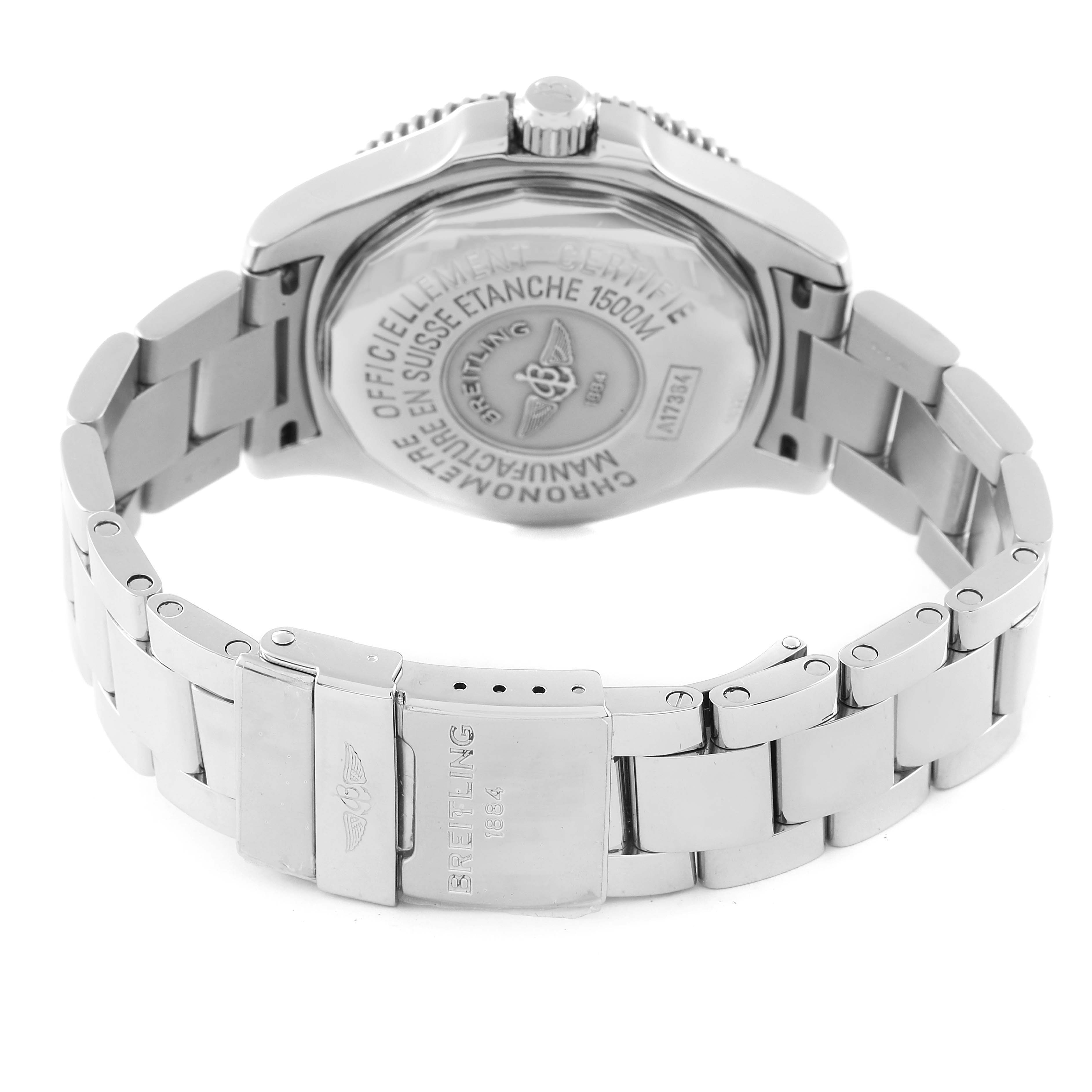 This image shows the back and bracelet clasp of a Breitling Superocean A17364 Men's Stainless Steel Silver Dial A17364 Men's Stainless Steel Silver Dial watch.