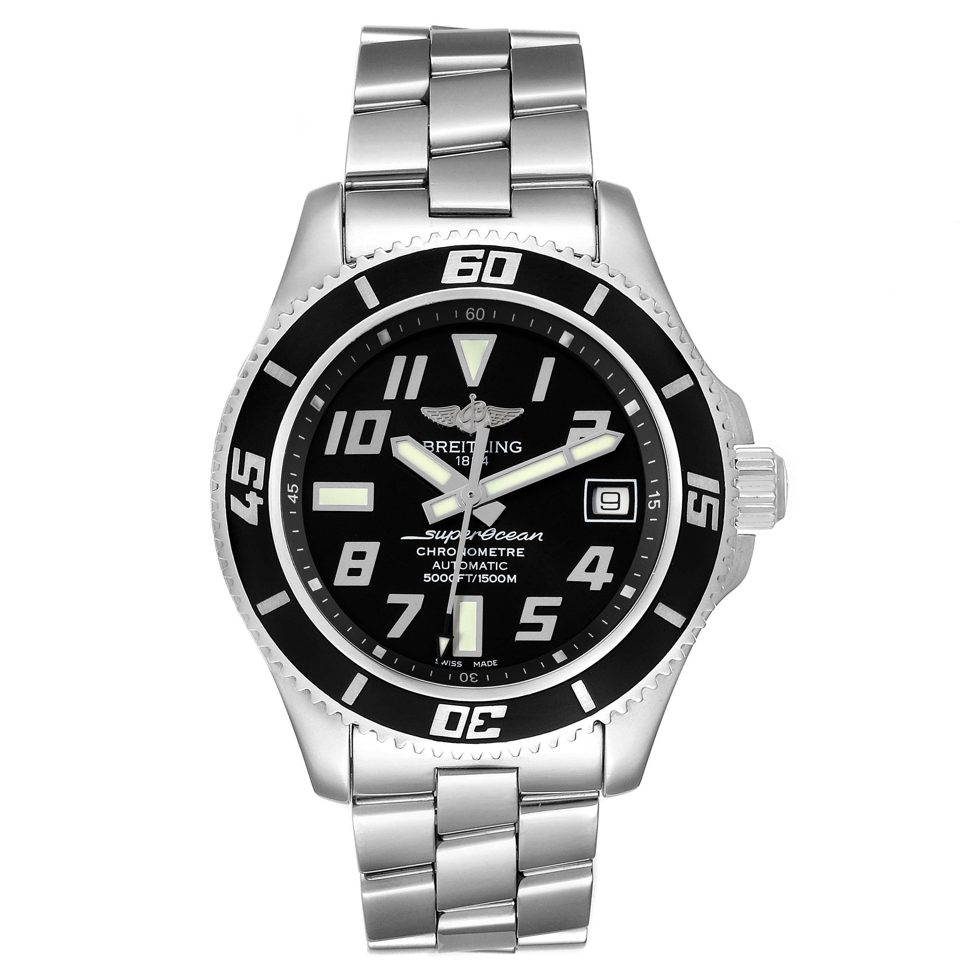 The image shows a front view of a Breitling Superocean A17364 Men's Stainless Steel Silver Dial A17364 Men's Stainless Steel Silver Dial watch, featuring its dial, bezel, and metal bracelet.
