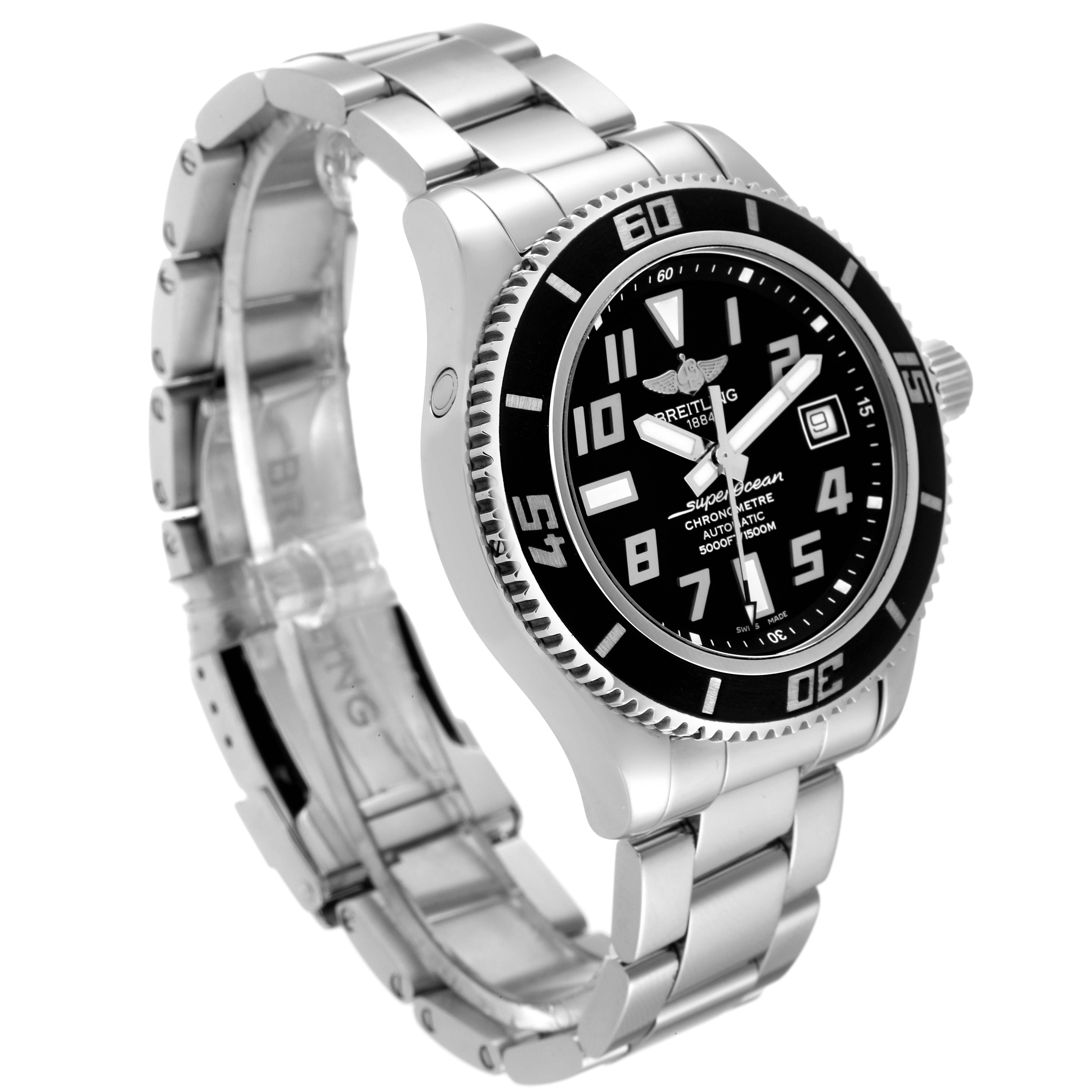 This image shows a side and front view of a Breitling Superocean A17364 Men's Stainless Steel Silver Dial A17364 Men's Stainless Steel Silver Dial watch, highlighting the dial, bezel, and stainless steel bracelet.