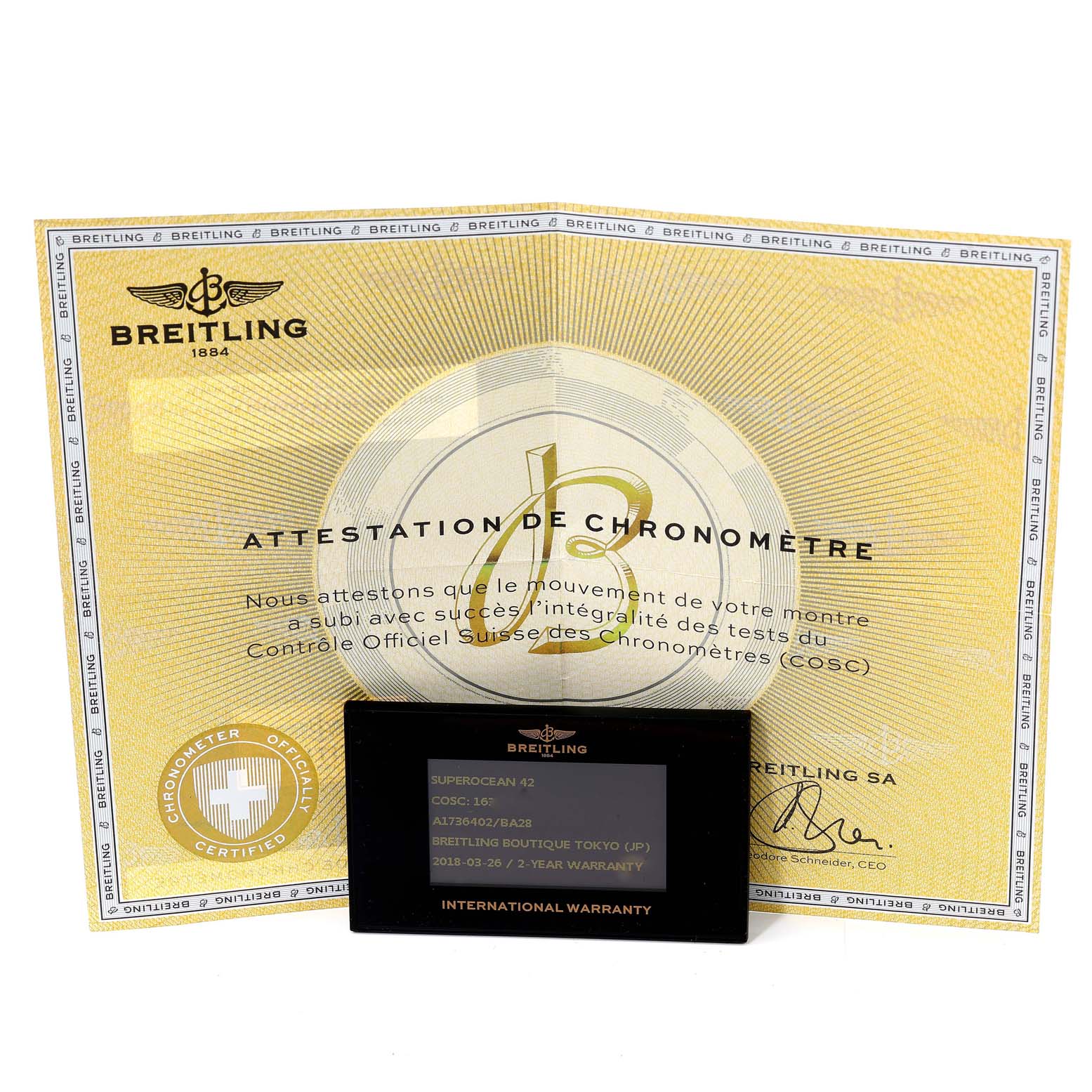 This image displays the certification and international warranty card for the Breitling Superocean A17364 Men's Stainless Steel Silver Dial A17364 Men's Stainless Steel Silver Dial watch.